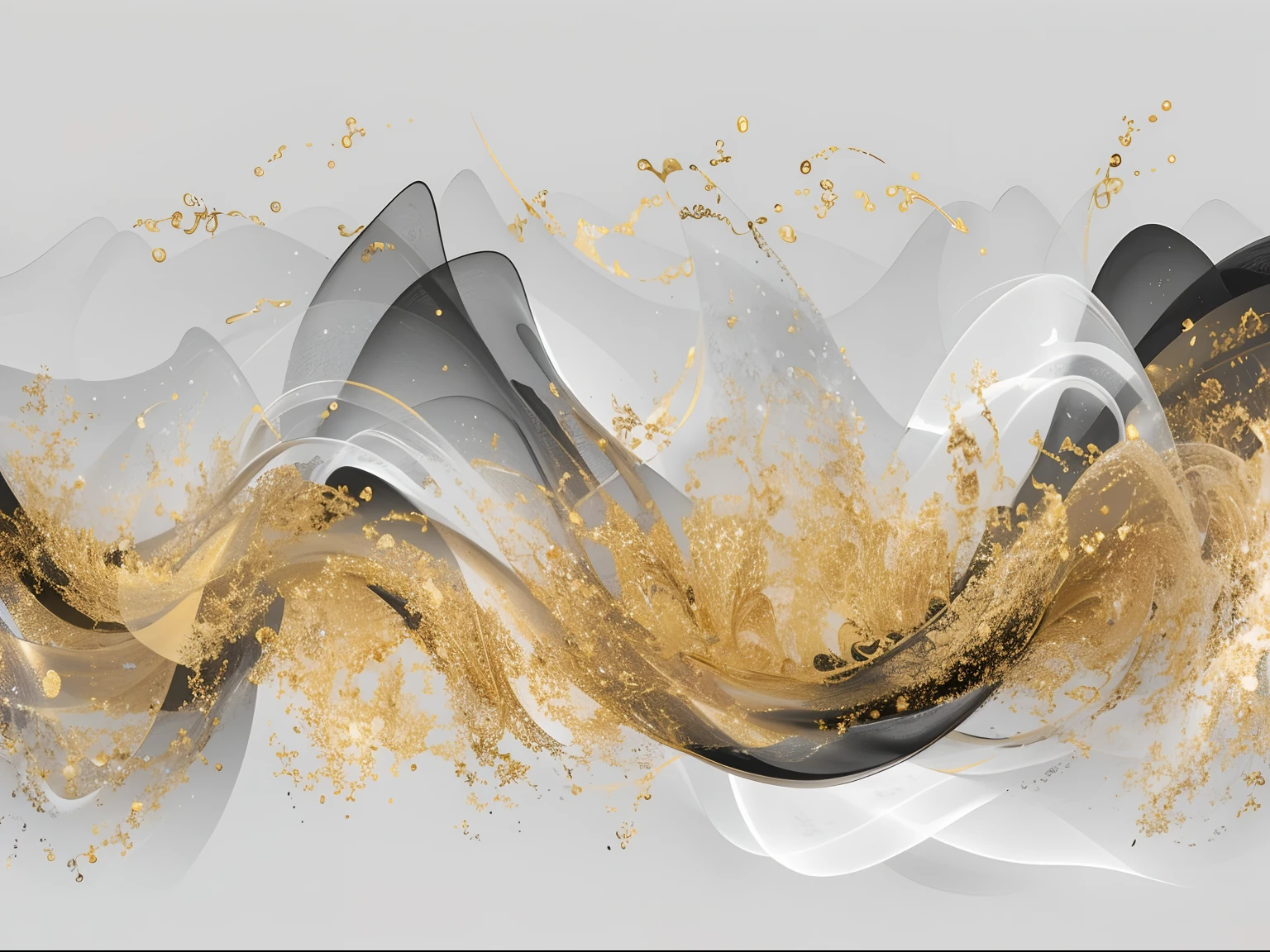 Gold and black abstract wave with golden glitter on a gray background, waves and particles, golden embers flying, golden curve composition, particle waves, water particle wave, Gold sparks, interact with smooth flowing lines, Water particles Houdini, golden liquid and black fluid, silhouettes of golden birds flying, disintegration of particles, particles and dust in the air