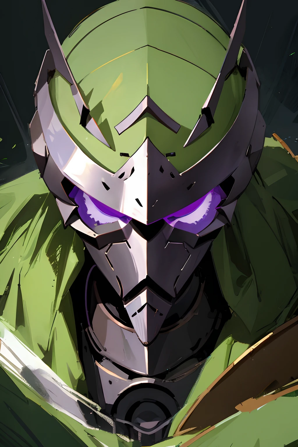 Portrait of a furious knight with a green and purple helmet with dark eyes