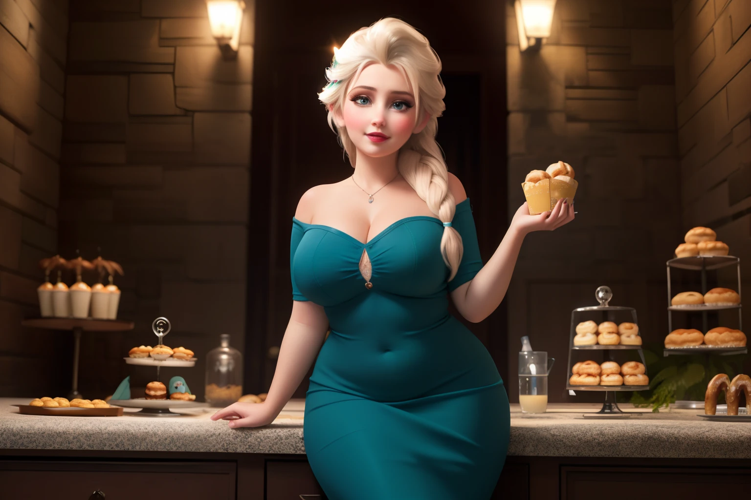 masterpiece, best quality, photorealistic, solo, (detailed eyes:0.9), Elsa, cute beautiful face, eating muffin, very chubby, chubby belly, curvy, plump, young, fat rolls, belly rolls, muffin top, sexy, tight teal dress, ripped dress, torn dress, thunder thighs, muffin top, love handles, got fat, fatty