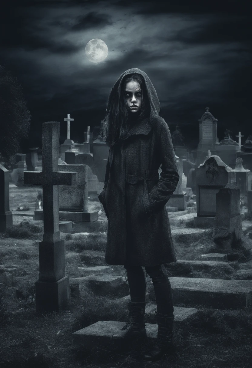 Girl with fear expression in a cemetery at night, vento, luz da lua