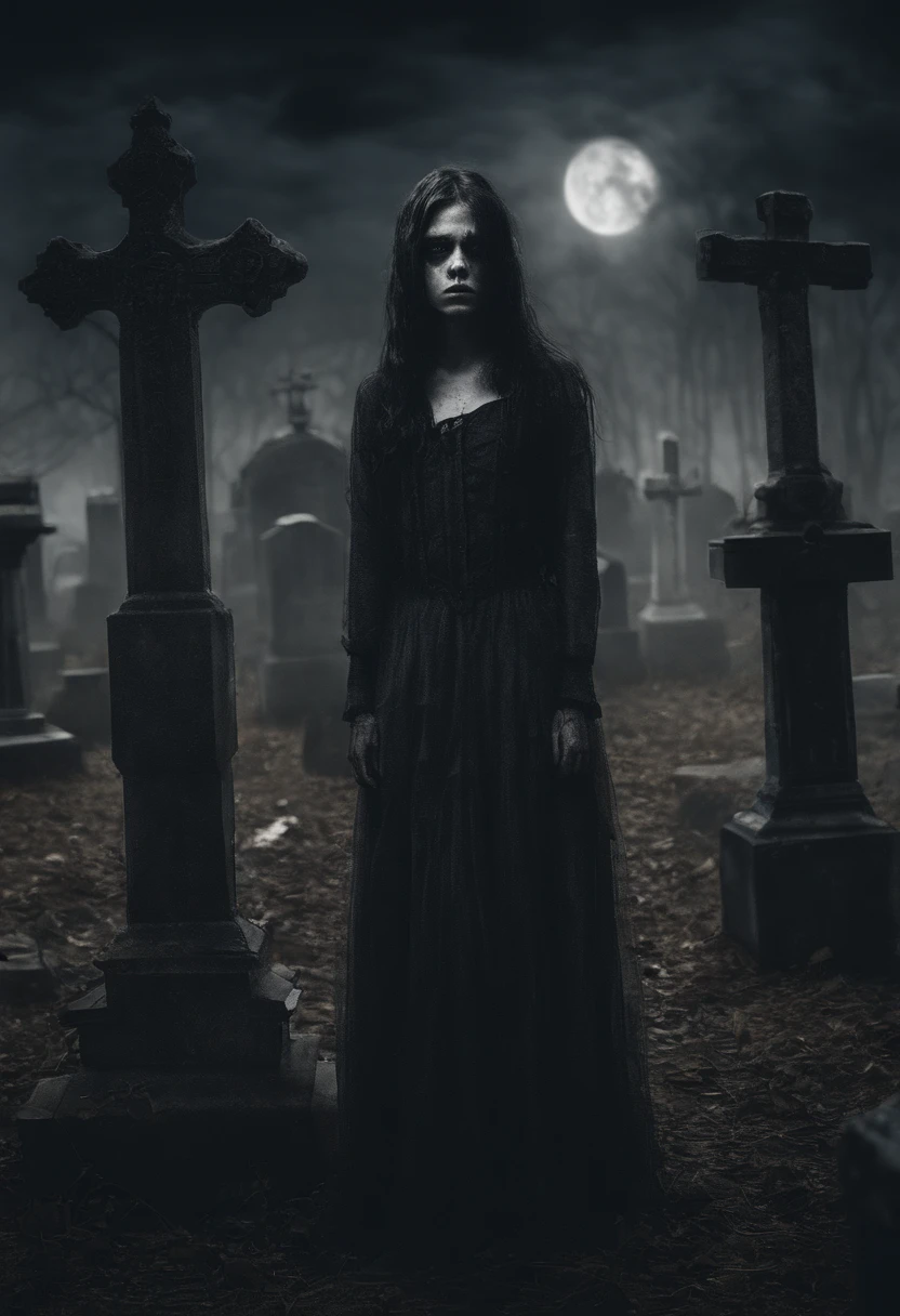 realistic photo of a scary young female ghost, long hair, body full of blood, rising from a grave, crawling on the ground, tattoos on hands, eerie night atmosphere, background of a cemetery, dramatic smoke effects, masterpiece, award