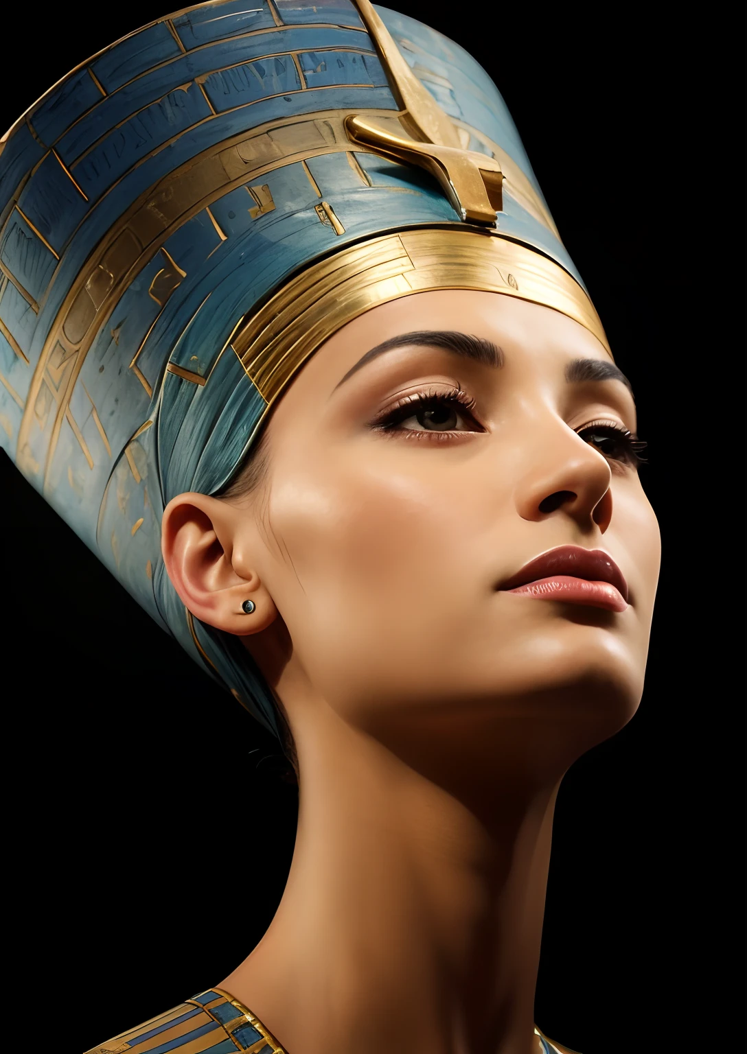 Masterpiece of Queen Nefertiti. The most beautiful Egyptian queen. Slightly profile view. Close up view. She has and amazing beautiful face. She is wearing the blue crown of Egypt. Complete right ears.
