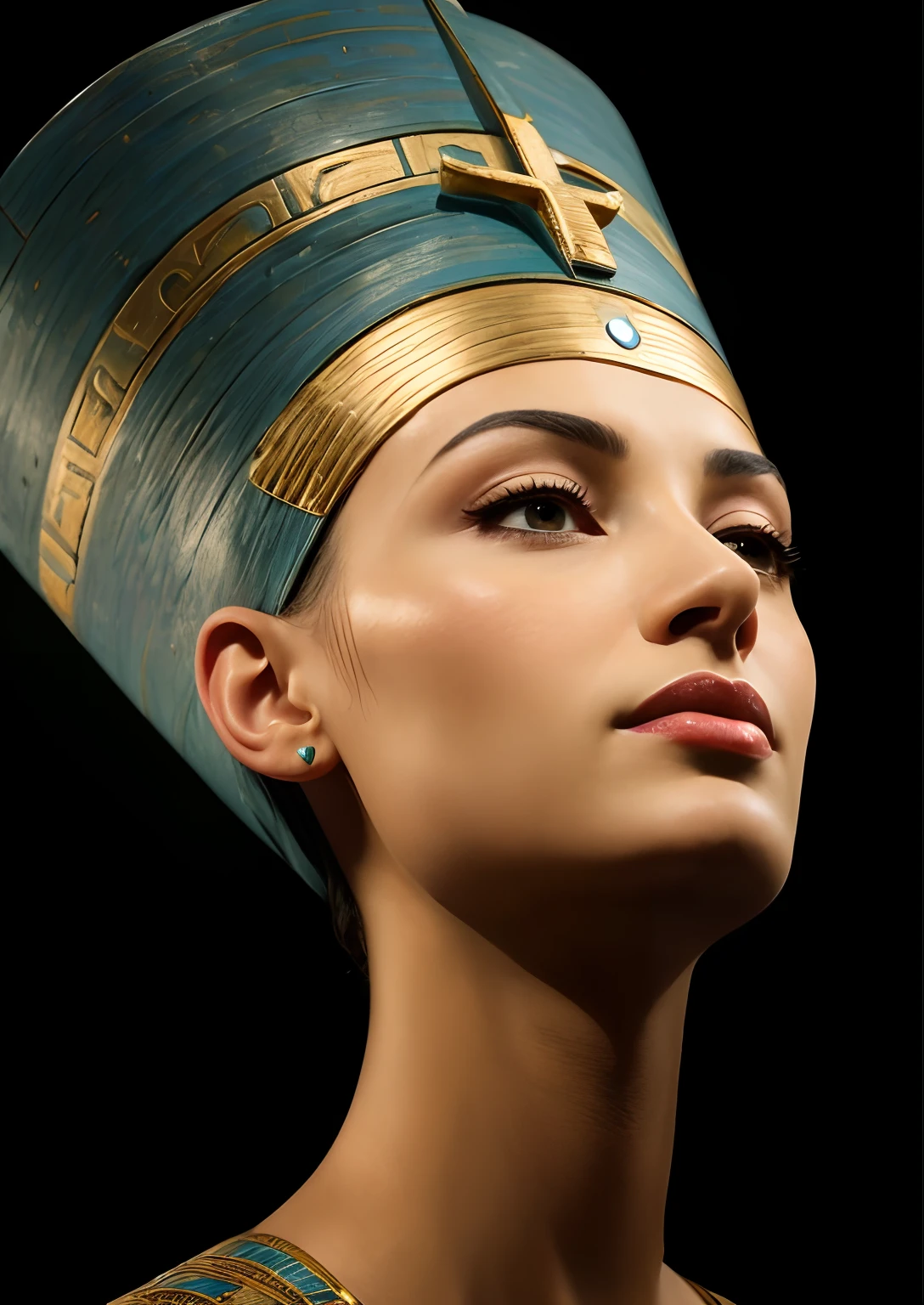 Masterpiece of Queen Nefertiti. The most beautiful Egyptian queen. Slightly profile view. Close up view. She has and amazing beautiful face. She is wearing the blue crown of Egypt. Complete right ears.