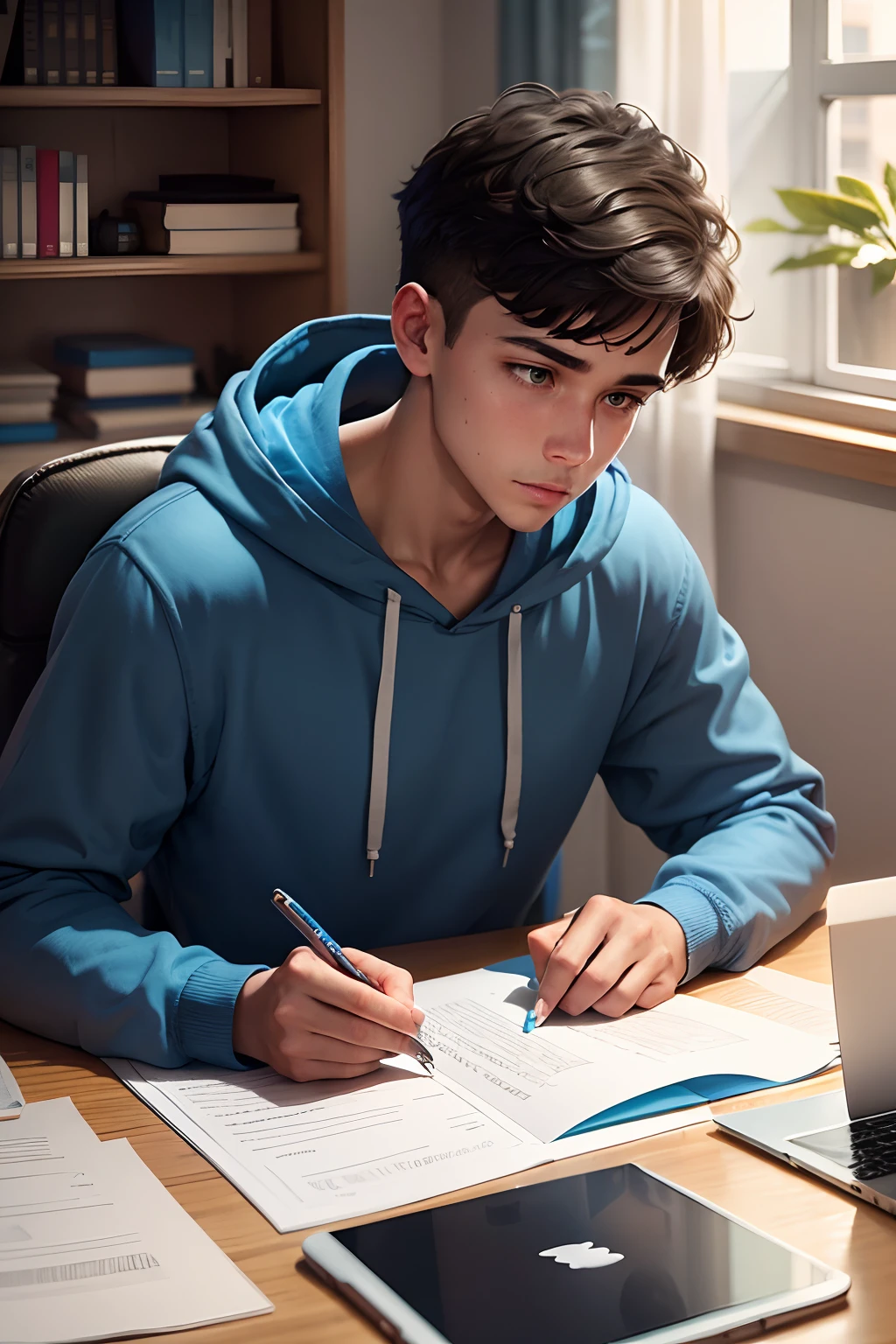 a young man in blue hoodie writing with pen and paper, and a laptop opened in his front
