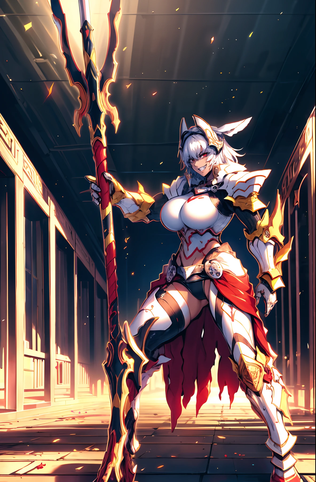 4k, highly detailed, anime style, HDR, subsurface scattering, in a temple, temple being destroyed, Greek temple on fire background, (masterpiece, best quality:1.2), caenis,( fgo stage 3), 1girl, big breasts, looking at fires, smile, short hair, white hair, bangs, red eyes, animal ears, open clothes, hairband, grin, (gold armor), body markings, white nails, epic scene, tall girl,full body, darskinned-female, , standing, musclegirl, forest, staff holding, posing,  crazy smile