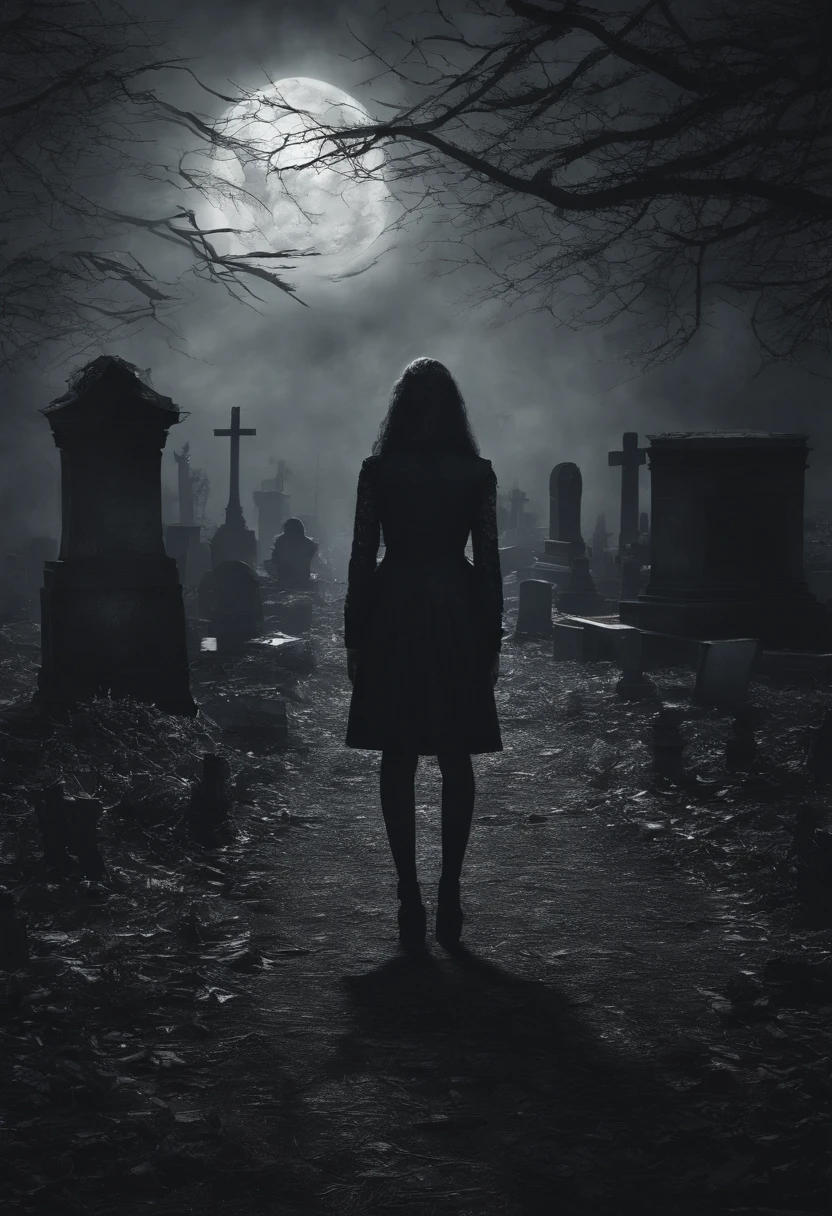 Girl turned on her back in a cemetery at night, vento, luz da lua