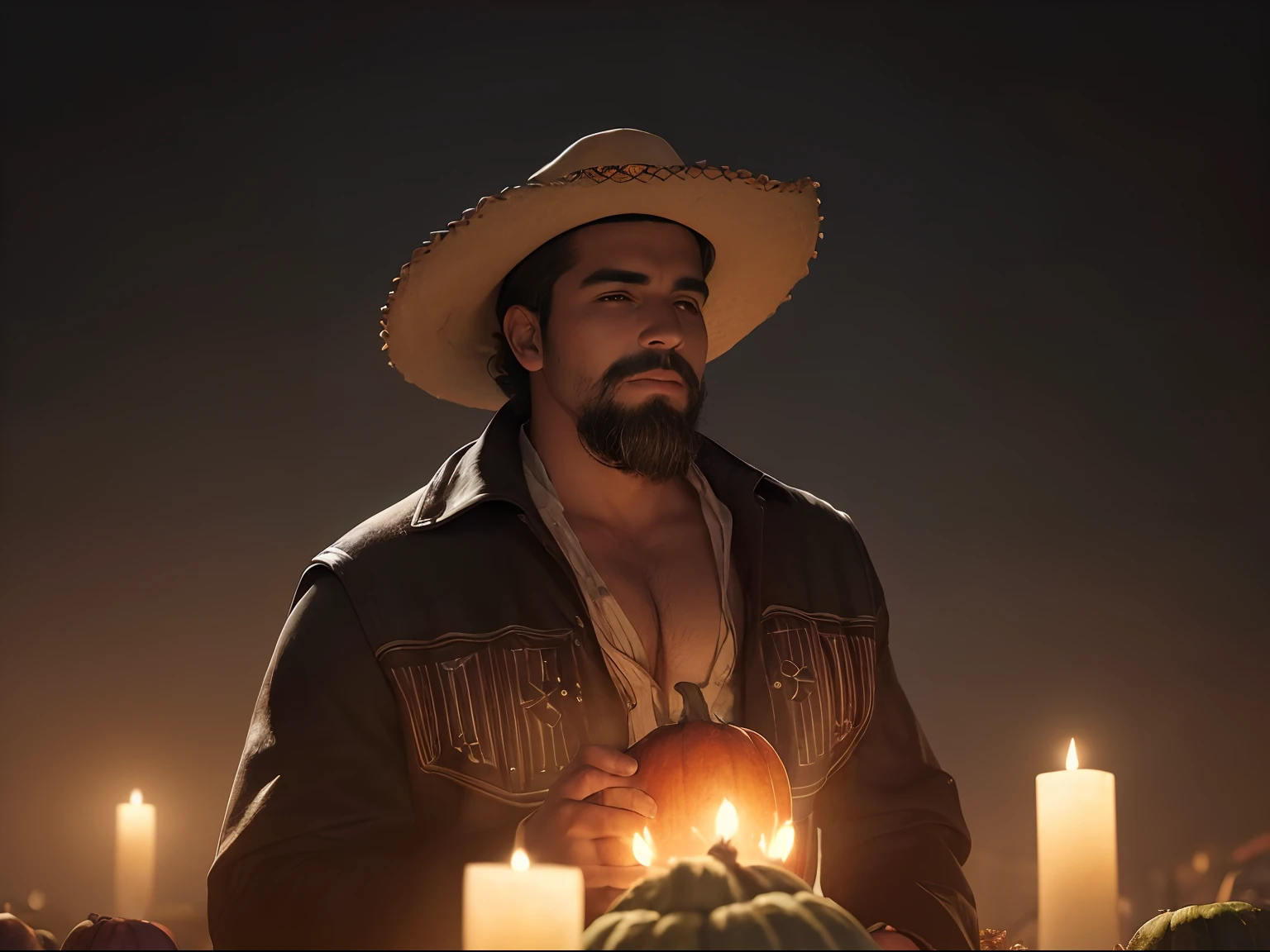 (((hombre mexicano))) dia de muertos ((en un campo rodeado de calabazas)) (((guapo cejas y bara poblada))) ((piel canela)) ((8k)),((cuerpo completo))(((Amazing scenne))), guapo,((ojos cafe)), (((un hombre))) 8k, hiperrealista todo como un motor irreal trazado de rayos render ((estilo humano hiperealista)),(((Empty dark background))). hiperrealista todo como un motor irreal trazado de rayos render estilo humano realista ,(((Empty dark background)))., Suavemente iluminado, Intimo exquisito detalle, foco nítido, intrincadamente detallado, rewarded photography, small-catchlight, bajo contraste, alta nitidez, facial-symmetry, profundidad de campo, cinematic background, Renderizado del motor irreal, Imagen central, dream-like, Suavemente iluminado, intimo, imagen de cuerpo completo ,cuerpo completo,((campo abierto)),((hombre))