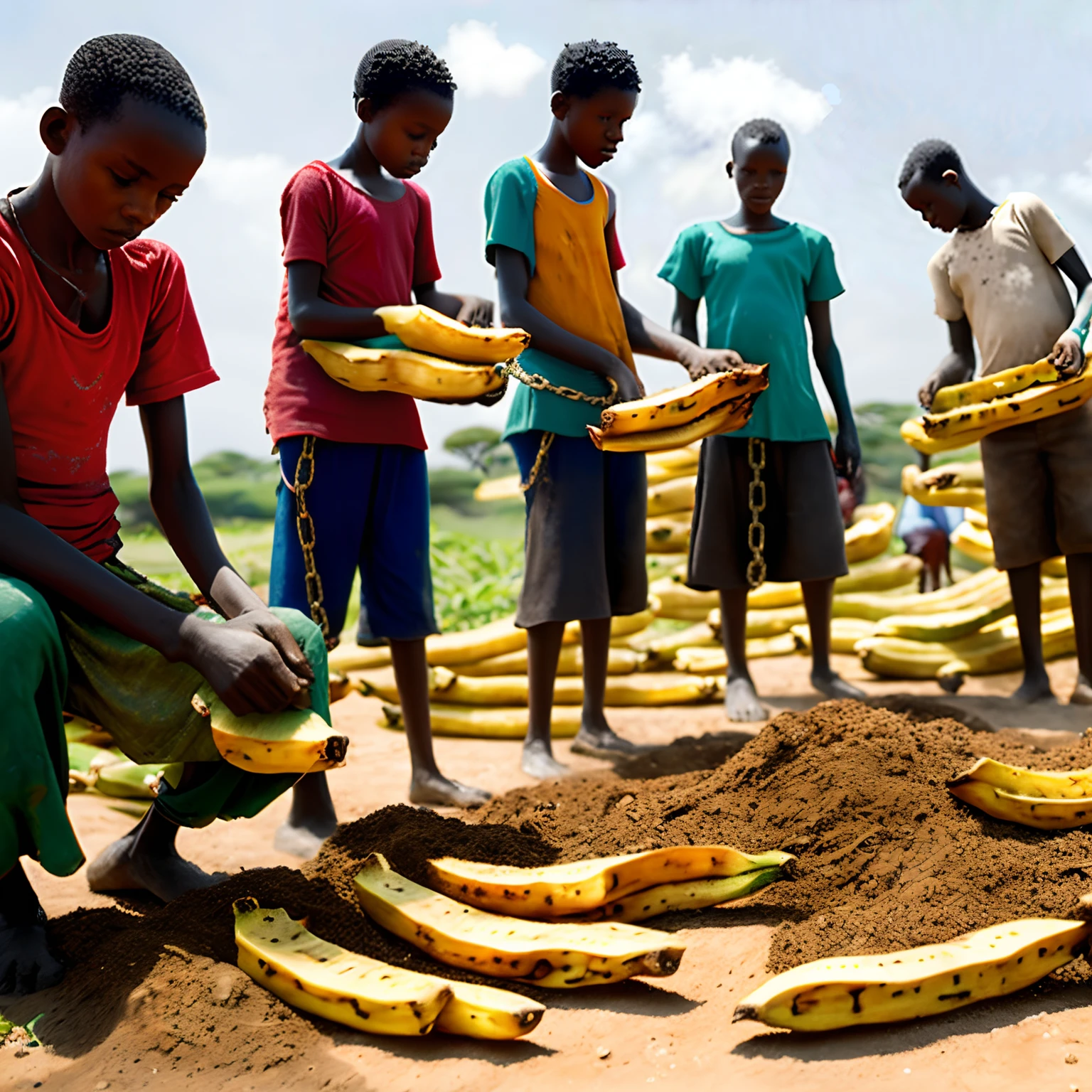 A large number of Africa slaves working on America plantains with chains in hand with precise attention to historical accuracy and details, 8k, realism, medieval,