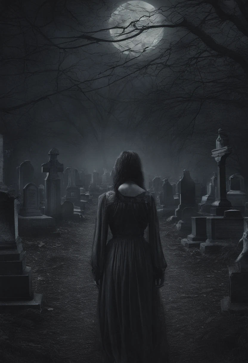 Girl turned on her back in a cemetery at night, luz da lua