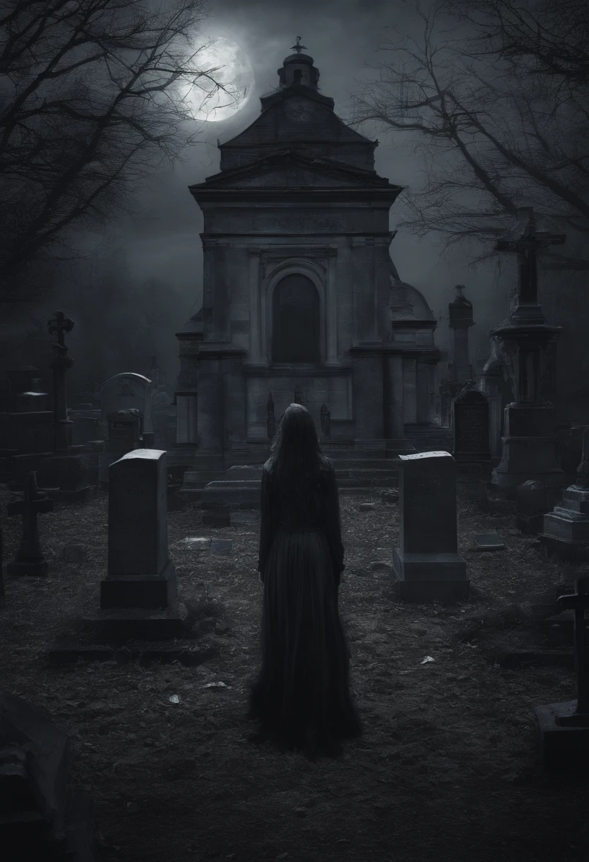 Girl turned on her back in a cemetery at night, luz da lua