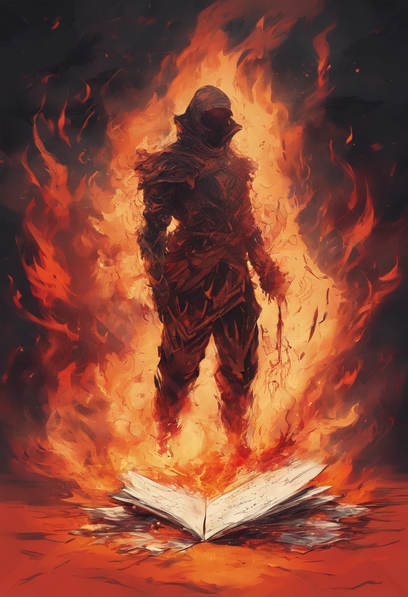 burning paper,paper on fire,blazing paper,A person writing,Ink flowing from the pen,Ink spilling onto the paper,Intense flames,Ashes flying,Hot red and orange colors,glowing embers,Dynamic and expressive lines,Smoke rising from the paper,Sharp contrast between light and dark,Melting paper and ink,Hot and scorching atmosphere,Dramatic and captivating scene,Bright and vibrant colors,Burning words,Vivid and realistic flames,Creative and artistic process.