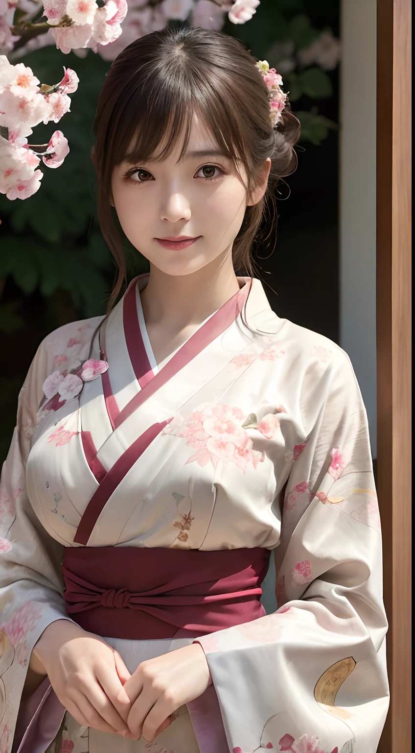 (Photorealsitic:1.4), (Top image quality:1.0), (超A high resolution:1.0), 8K, Raw photography, (masterpiece:0.2), (pureerosface_v1:0.5)、(Best Quality Detail:1.2)、realisitic、8K UHD、hight resolution、(1girl in:1.2)、The ultra-detailliert、High quality textures、intricate detailes、detaileds、Very detailed CG、High quality shadows、Detail Beautiful delicate face、Detail Beautiful delicate eyes、depth of fields、Ray traching,1girl in, japanaese girl, Cute, slender, Kimono with cherry blossom pattern,Floral scrunchie, Beautiful skin, Facing the front,, Stand upright and say thank you,Align your hands elegantly,Smile faintly The Land of Japan,Japanese garden,Luxury Japanese-style room, skyporn, Magic Hour, (Realistic:1.3), Finely detailed, quality, (masutepiece:1.2), (Photorealistic:1.2), (Best Quality), (Intricate details), Dramatic, Ray tracing, photograph, +Lola