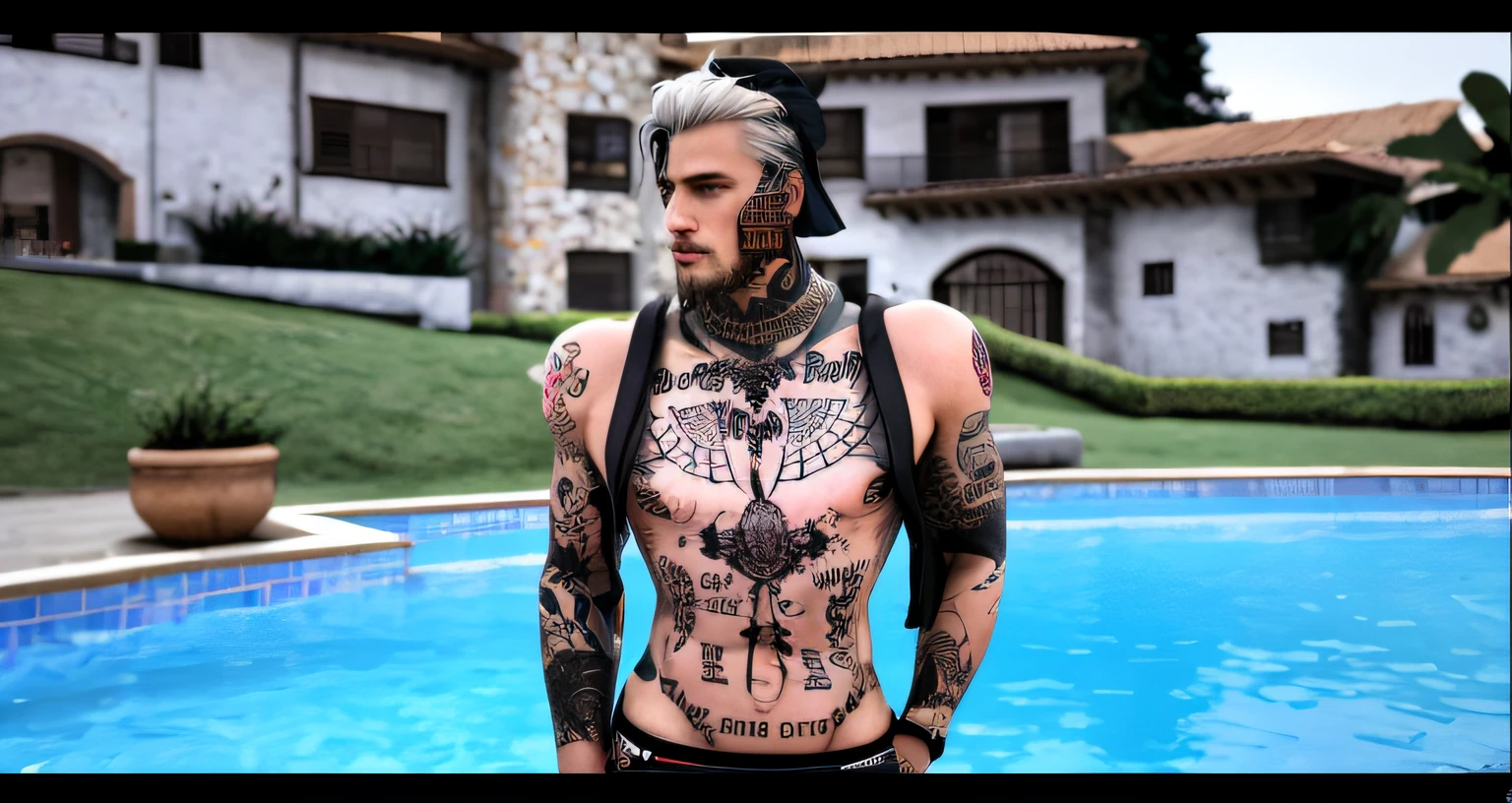 There's a man with tattoos on his body standing by a pool, corpo inteiro altamente detalhado, homem tatuado, not shirt :: High detail, pele detalhada, corpo inteiro detalhado, cyber punk setting, Very detailed skin, corpo inteiro detalhado, cabelo punk detalhado, !!altamente detalhado, Personagem altamente detalhado, tiro de corpo inteiro hiperdetalhado, zydG, pele detalhada, olhando para o espectador, (Areolas Media:0.8), (fotorrealista:1.4), (melhor qualidade:1.0), (ultra highres:1.0), 8k, foto RAW, (obra-prima:0.2), (pureerosface_v1:0.5)