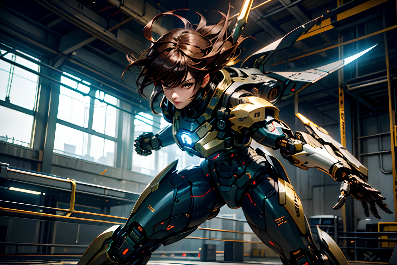 Fantasy、Brown hair color、a short bob、cyberpunked、(Double Sword、Scorpion Cyborg Woman、Das Veilchen:1.1)、1 woman、Mechanical technology、Robot Presence、Ninja-like fighting stance、Cybernetic Guardian、