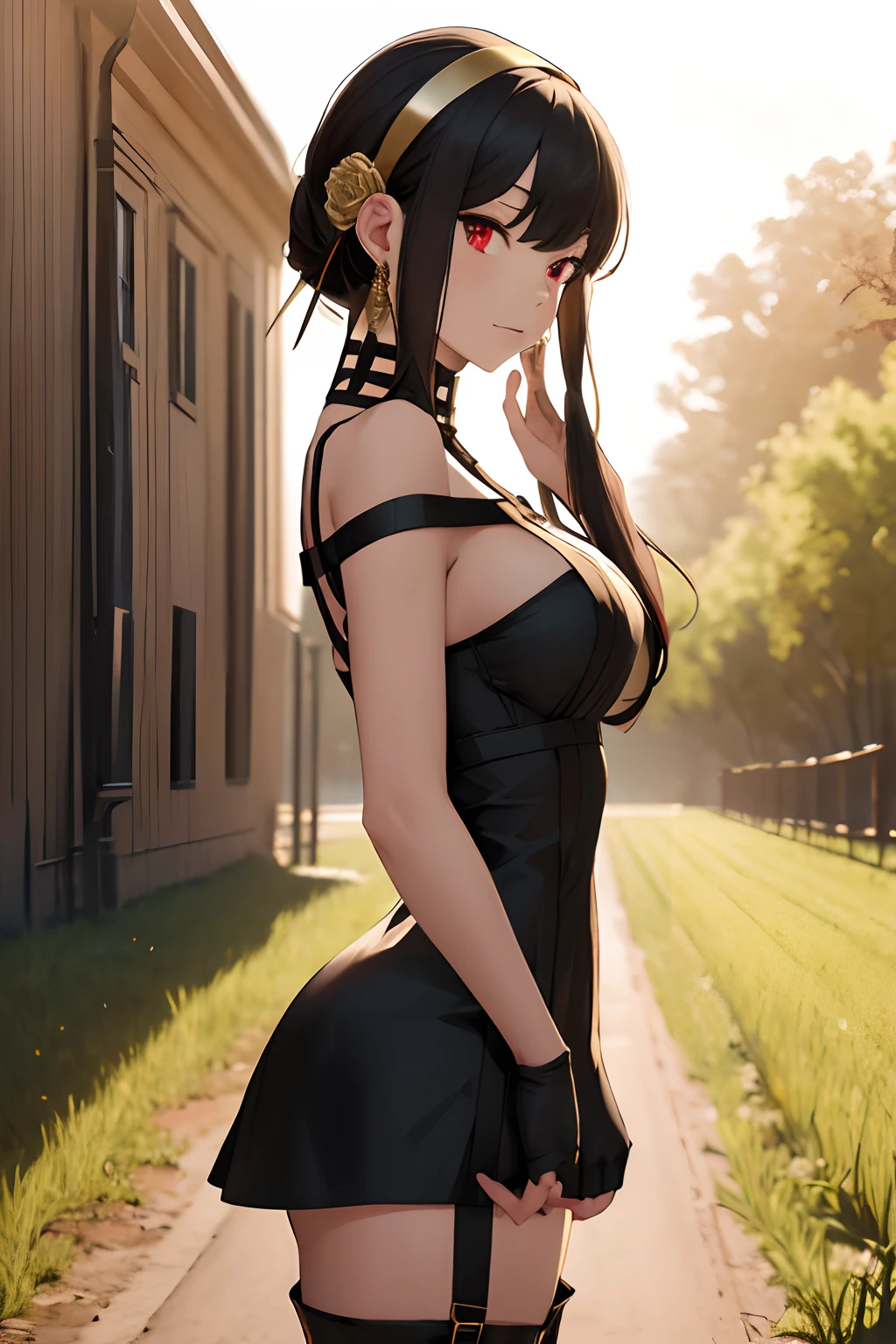 masterpiece, best quality, highres, aayorf, sidelocks, gold hairband, hair ornament, red eyes, gold earring, large breasts, choker, bare shoulders, black dress, two-sided dress, fingerless gloves, thigh boots, cowboy shot, standing, field, from side,