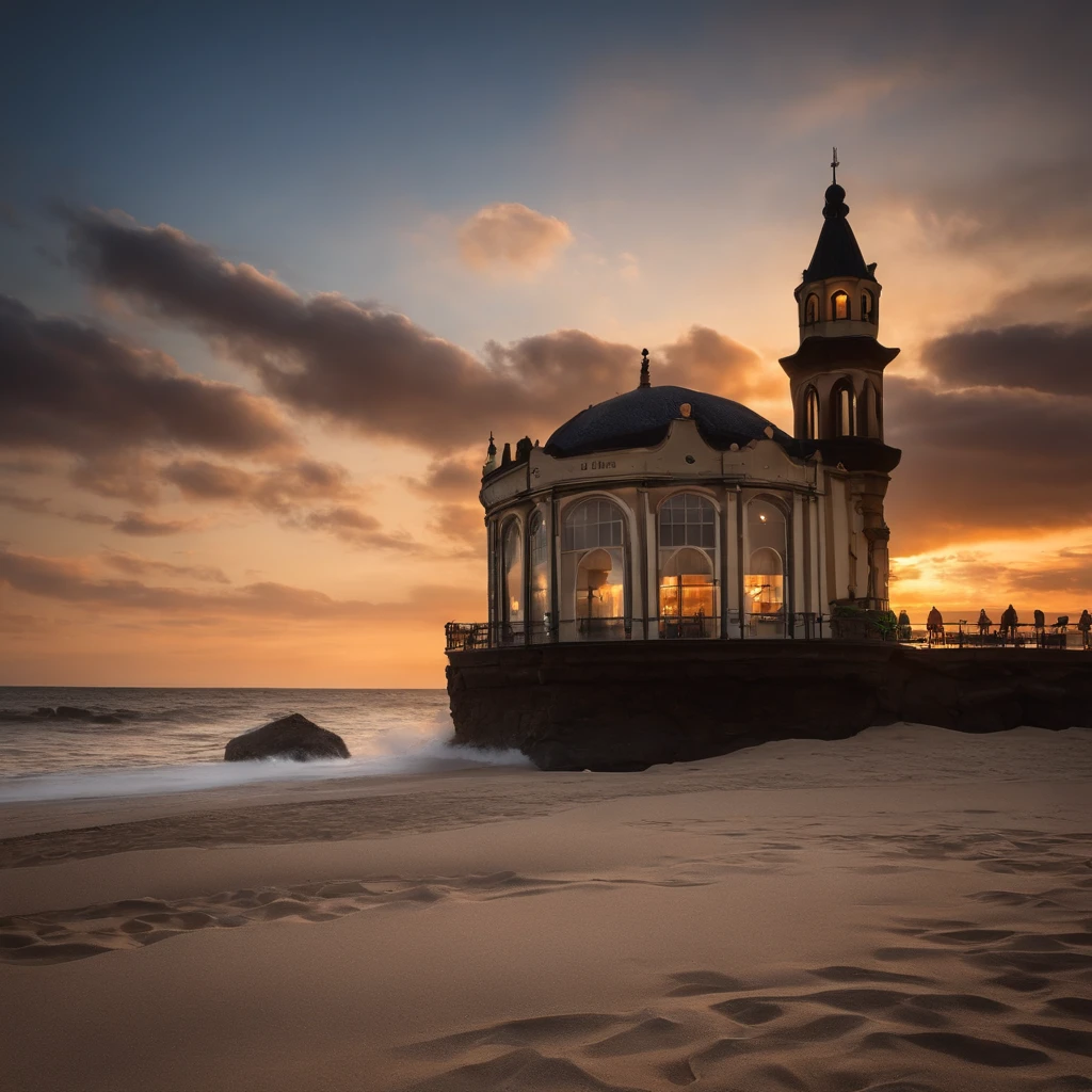 Photograph of cologne The Apothecary on the beach is a bit of the colony inside the sand, Sunsets should be clear on the sea, areias afiadas, cercado por algumas conchas e estrelas do mar, alta qualidade em sombras, Ultra Qualidade em Areias, super detalhes, 8k