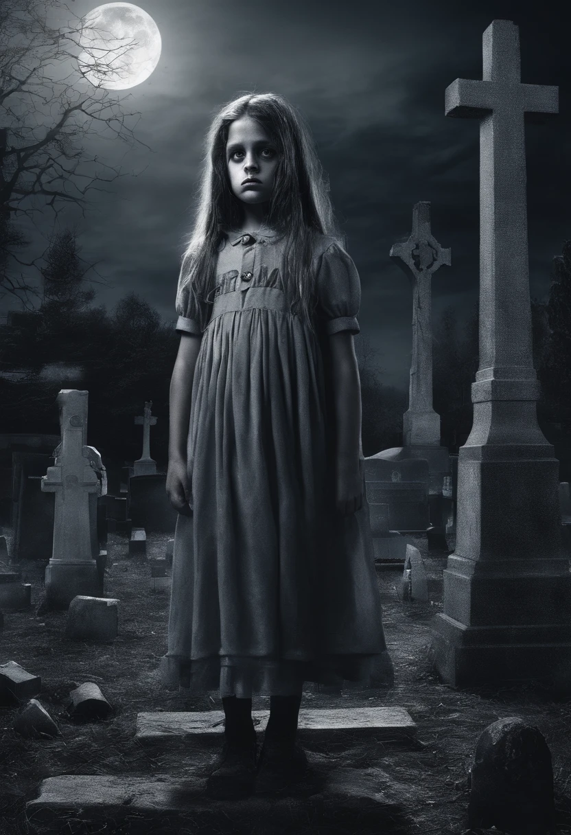 Ten-year-old girl normal looking in a cemetery at night, luz da lua