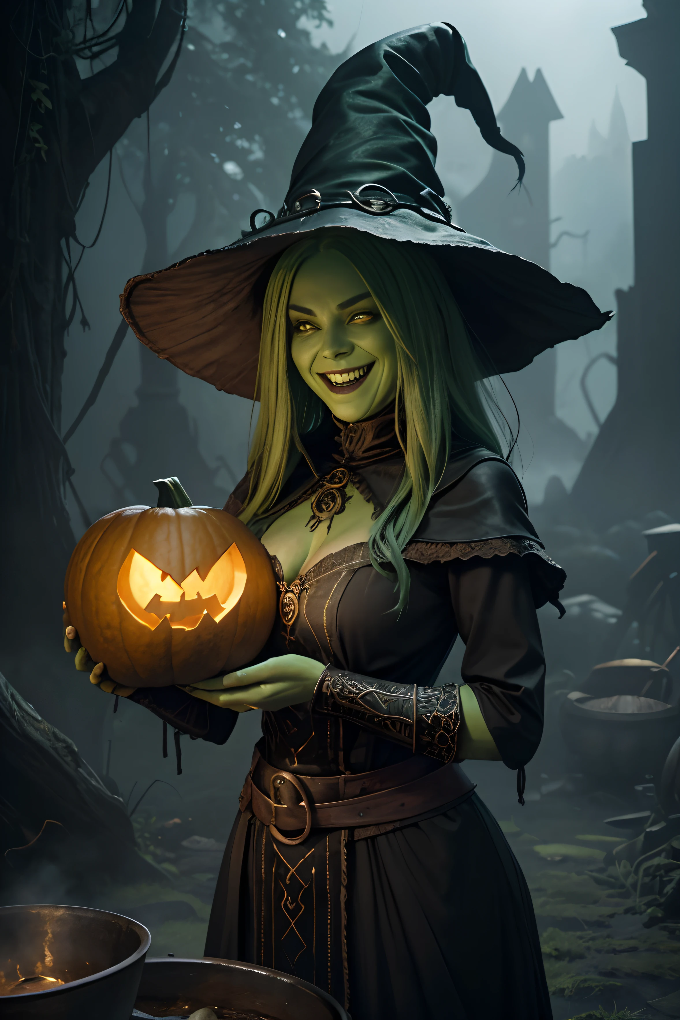 Creepy green skin witch (witch hat, full witch dress with no neckline), Laughing frighteningly, cooking a pumpkin head in an ancient iron cauldron (giant size), detailed matte painting, deep color, fantastical, intricate detail, splash screen, complementary colors, fantasy concept art, 8k resolution trending on Artstation Unreal Engine 5