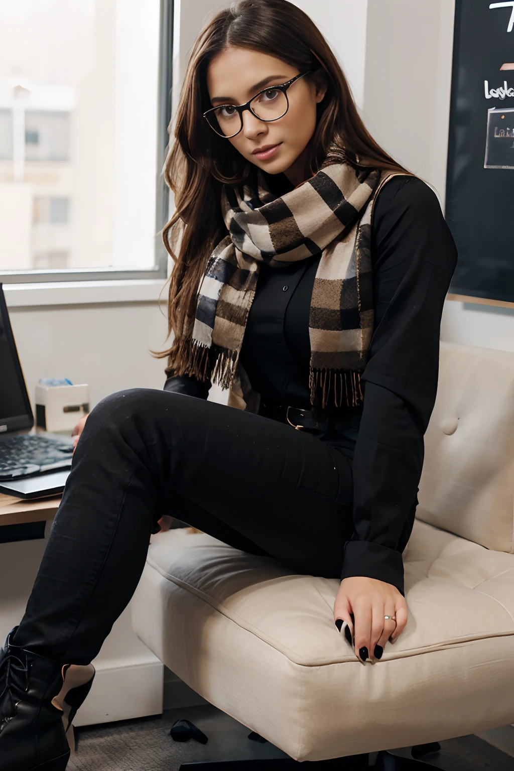 woman in the office black combat boots with heels, black jeans, black long-sleeved blouse, loose hair, glasses, beige checkered scarf, brown hair