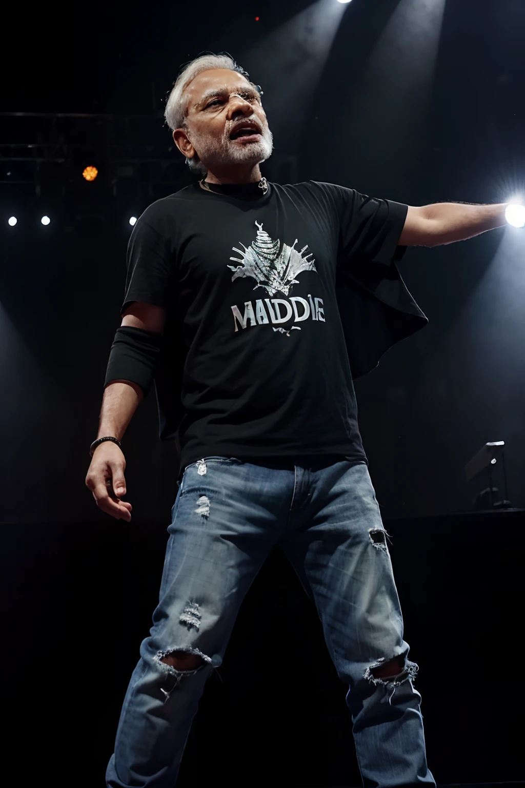 NARENDRA MODI SING SONG ON STAGE,A CAPE IN HIS DEAD,BLACK HIP HOP T-SHART,BLACK DAMAGED DENIM,LIVE CONSERT ON STAGE