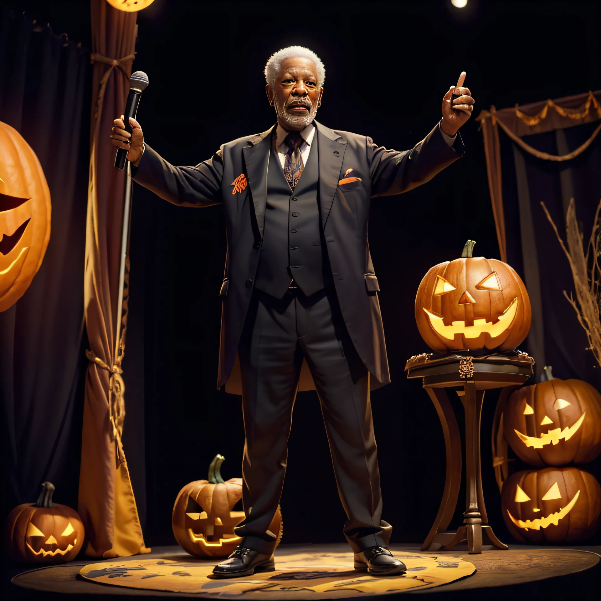 full body of morgan freeman wearing tuxido singing and dancing on the stage with a ((micro in hand)), halloween decorated stage, big jack-o-lantern, （（best qualtiy））， （（tmasterpiece））， （A detailed），（Macro embroidery color space））， depth of fields， Archaeological photography，Cool color grading，