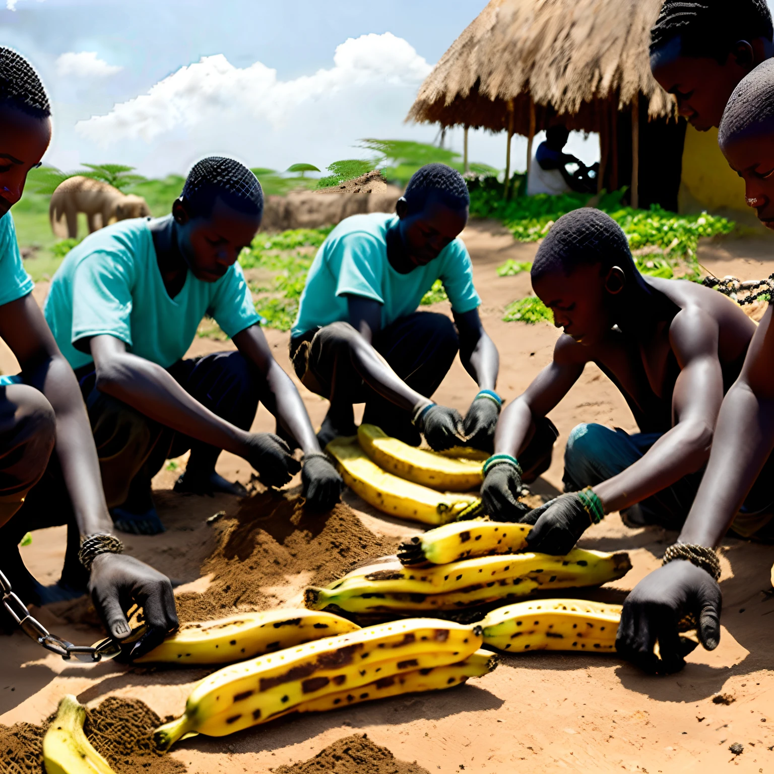 A large number of Africa slaves working on America plantains with chains in hand with precise attention to historical accuracy and details, 8k, realism, medieval,