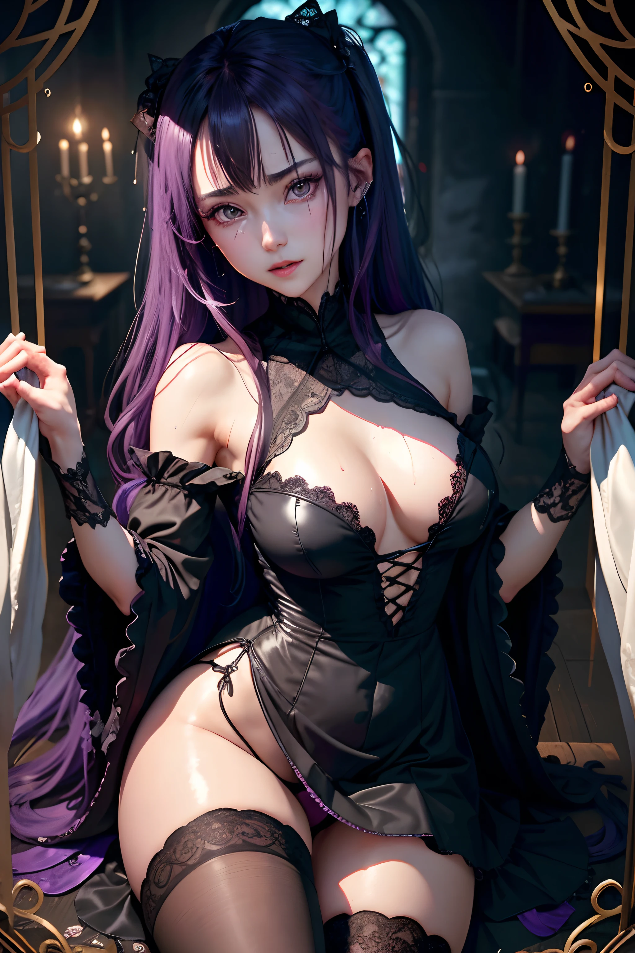 Fornication、Hard Dark Gothic Makeup、Maniacal、Deep night sky、horor、Black Dark Eyeshadow、slaves、crying how bright、mourn、Sad songs、Good skin luster、Lace pink、Long hair straight hair、Dark Gothic Makeup、Dark smile、Restless Palace、Expressions of sexual arousal、Fragrant beauty、age19、carriage、Lying、seductiv、Strong sexual pleasure facial expressions、A look of shame、Dark Gothic、Gothic Long Dress、Gothic lolita、masturbation、bell sleeves、Wizard Sleeve、Obscene look、Stained glass background、masutepiece、Best Quality、Ultra-detailed、Refers to 5 books、Sweat glitters on my chest、Glitter of sweat on your face、Expression of sexual pleasure in anguish、Drunken face、maid clothes、Nasty Woman、Mysterious、noble、Face holding back the toilet、Goth loli clothes、Black pretend skirt、View from above、the body is wet and shiny、Transcendent sex appeal、sexy  pose、Nasty poses、Face of fiery body、sloppily open your legs、Sweating profusely、Glitter on the thighs、I'm sweating a lot、a little slender、Breast Size Medium、cross one's legs、Affectionate smile、twin-tail hair、Bright purple hair、Slender system、