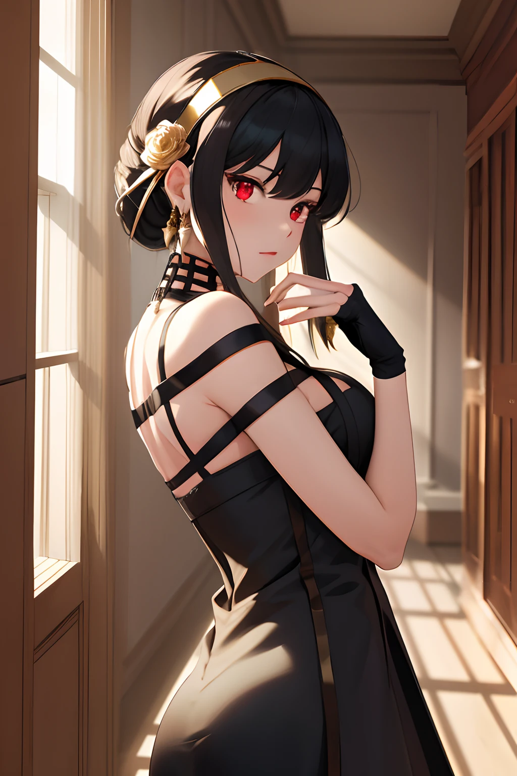 masterpiece, best quality, highres, aayorf, sidelocks, gold hairband, hair ornament, red eyes, gold earring, large breasts, choker, bare shoulders, black dress, two-sided dress, fingerless gloves, thigh boots, cowboy shot, standing, field, from side,