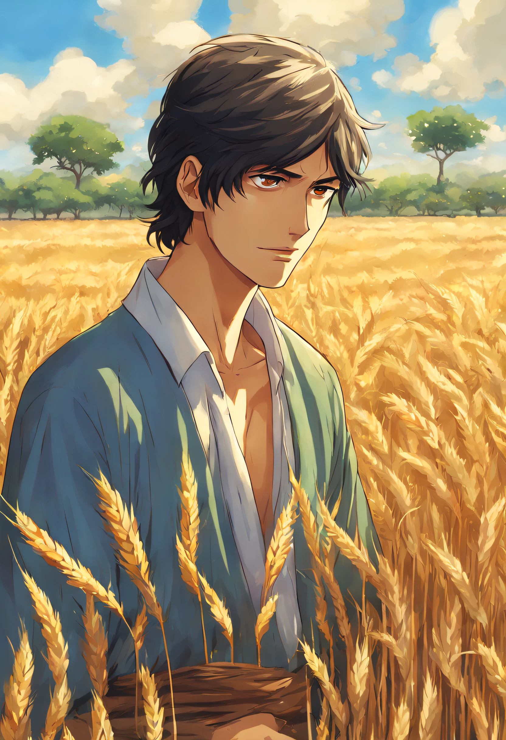 Joseph found himself in a vast wheat field, onde o sol brilhava intensamente. Ele observava com orgulho o seu feixe, that stood tall and firm in the middle of the plantation. Ao seu redor, the bundles of his brethren bowed in reverence to his, Forming a Tribute Circle. Joseph felt an indescribable joy as he saw his honor and authority recognized by his family. He didn't notice the envy and hatred that lurked in the eyes of his brothers. imagem estilo anime