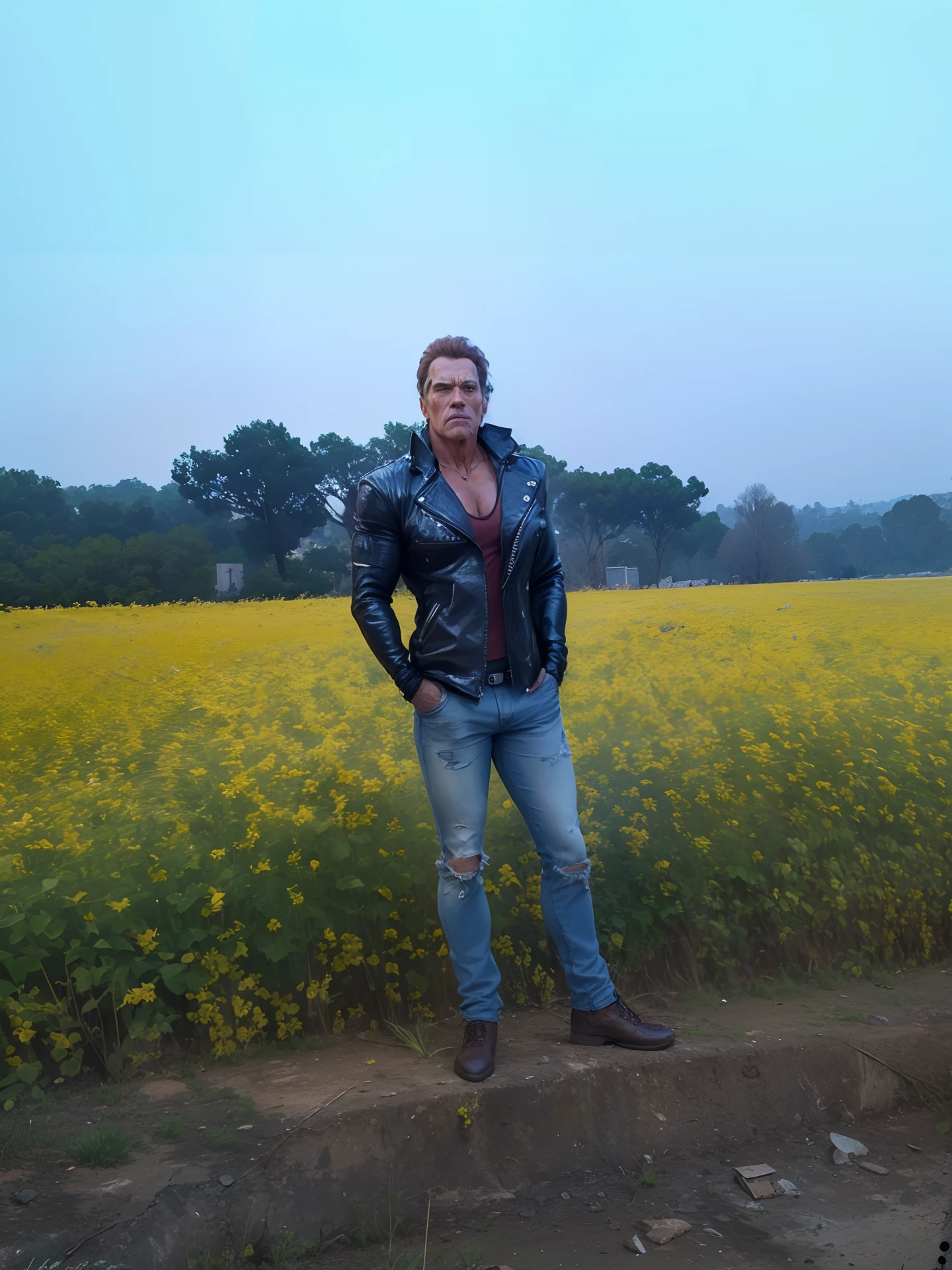 Arnold Schwarzenegger, 1980, terminator, destroyed city, ultra realistic, HD, cinematic, leather jacket, black pants, black T-shirt