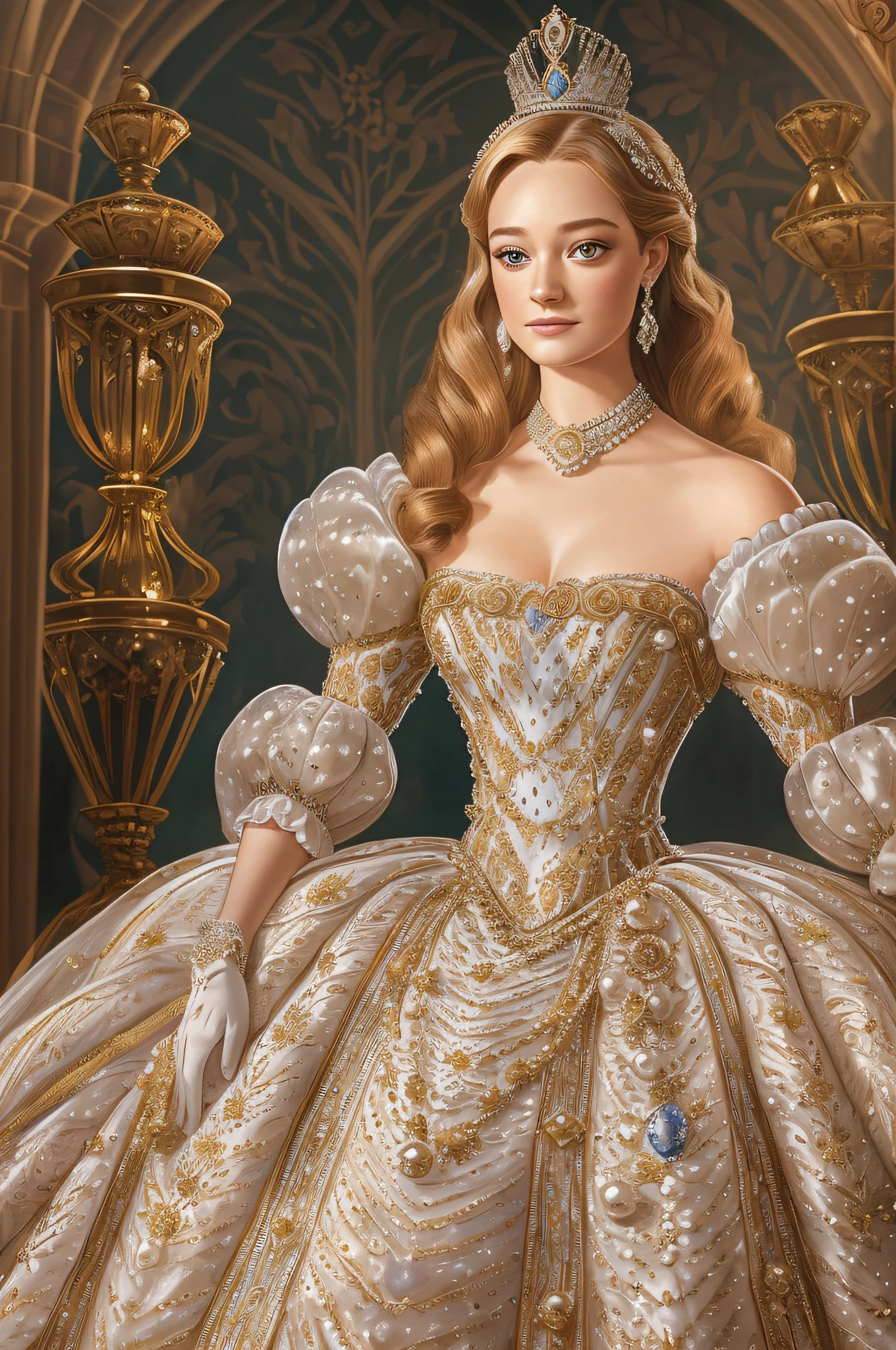 Formal and Official Coronation Portrait, Portrait of a stunningly beautiful young Greer Grammer wearing A Stately and Elaborate Royal Cinderella Court Gown with (((enormous puffed sleeves))) and an hourglass waist, adorned with bows, embroidery, and jewels, long white gloves, pearl necklace and earrings