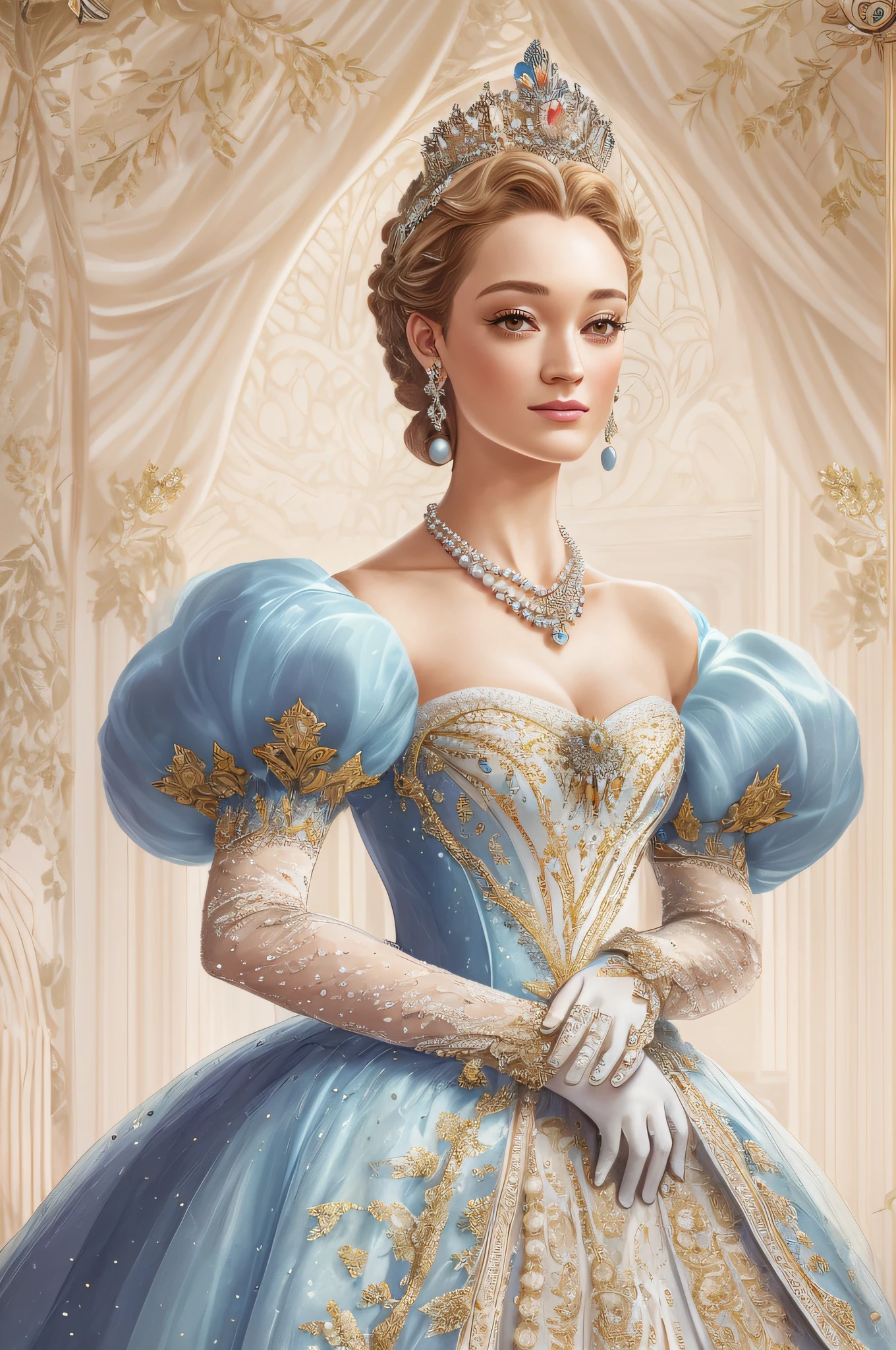 Formal and Official Coronation Portrait, Portrait of a stunningly beautiful young Greer Grammer wearing A Stately and Elaborate Royal Cinderella Court Gown with (((enormous puffed sleeves))) and an hourglass waist, adorned with bows, embroidery, and jewels, long white gloves, pearl necklace and earrings