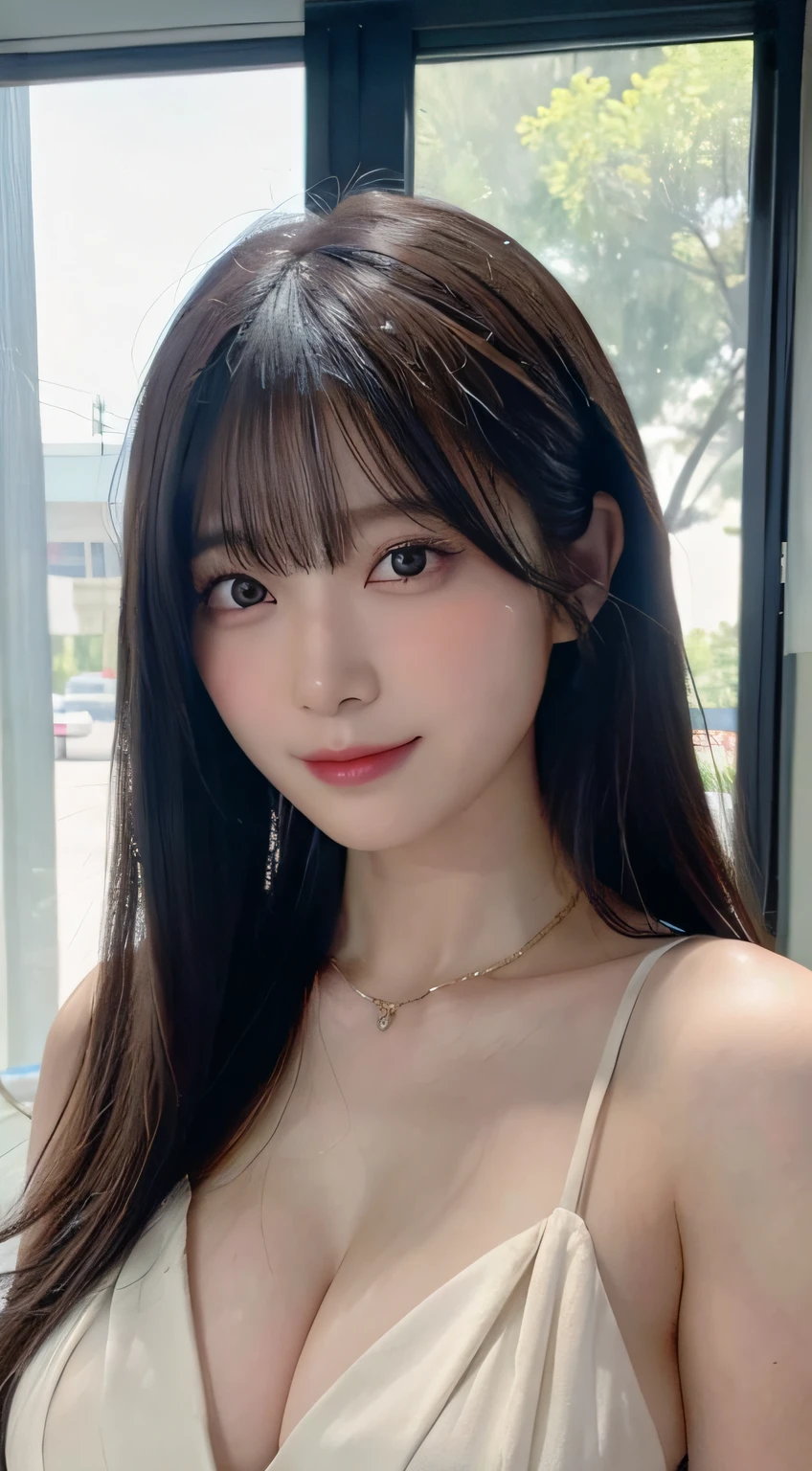 (top-quality,masterpiece:1.3,超A high resolution,),(ultra-detailliert,Caustics),(Photorealsitic:1.4,RAW shooting,)Ultra-realistic capture,A highly detailed,High resolution 16K human skin closeup。 Skin texture is natural、,The pores are、Must be detailed enough to be easy to identify。 Skin should look healthy with even tones。 Use natural light and color,Female News Anchor,elite,Fashionable suits,1人,japanes,late 20s age,Beautie,Know,A dark-haired,long,(large boob),smil,Turn your body to the front,(front-facing view:1.2),Looking at the camera,cowboy shot,Chest close-up