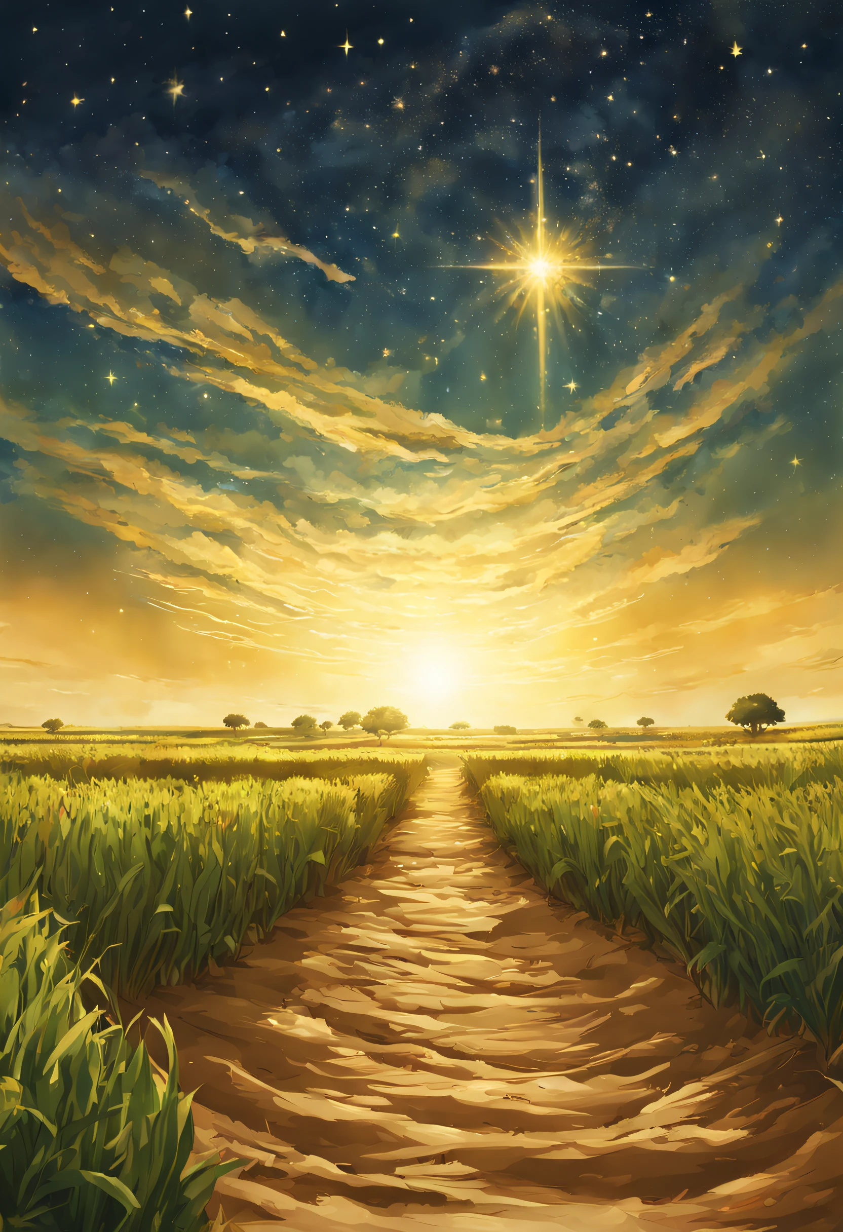 In the middle of a golden and fertile plain, banhada pelos raios de um sol radiante, encontra-se um exuberante campo de espigas de trigo ondulantes. Uma figueira majestosa estende seus galhos sombreados, e ao longe, Twelve stars twinkle in the diaphanous sky, forming the backdrop of Joseph's dream in Genesis 37. imagem estilo anime