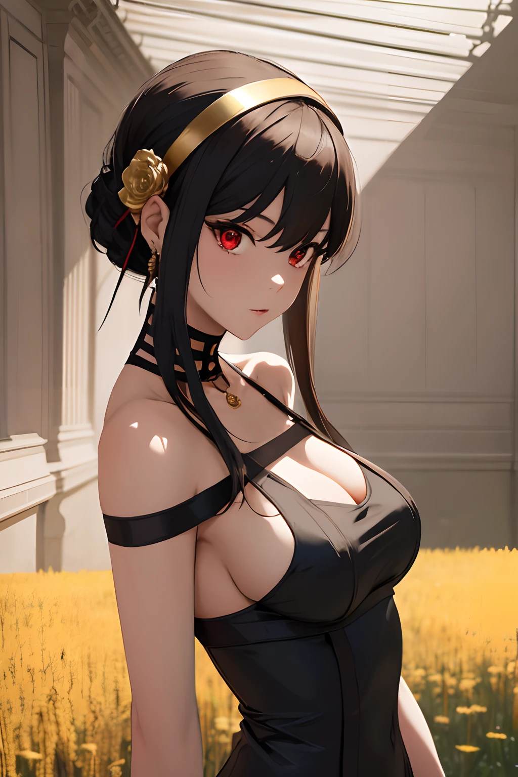 masterpiece, best quality, highres, aayorf, sidelocks, gold hairband, hair ornament, red eyes, gold earring, large breasts, choker, bare shoulders, black dress, two-sided dress, fingerless gloves, thigh boots, cowboy shot, standing, field, from side,