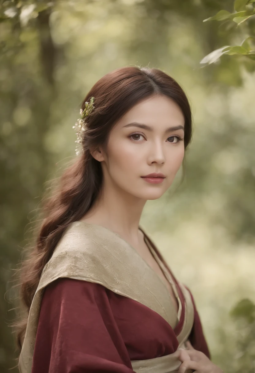 senhora japonesa tez justa, mulher em torno de 70anos, cabelos brancos naturais, olhos verdes distintos, vestindo kohl, slender and graceful, Beautiful, luz de velas em um ambiente medieval, Ultra sharp focus, tiro realista, roupas femininas medievais, cores tetradicas