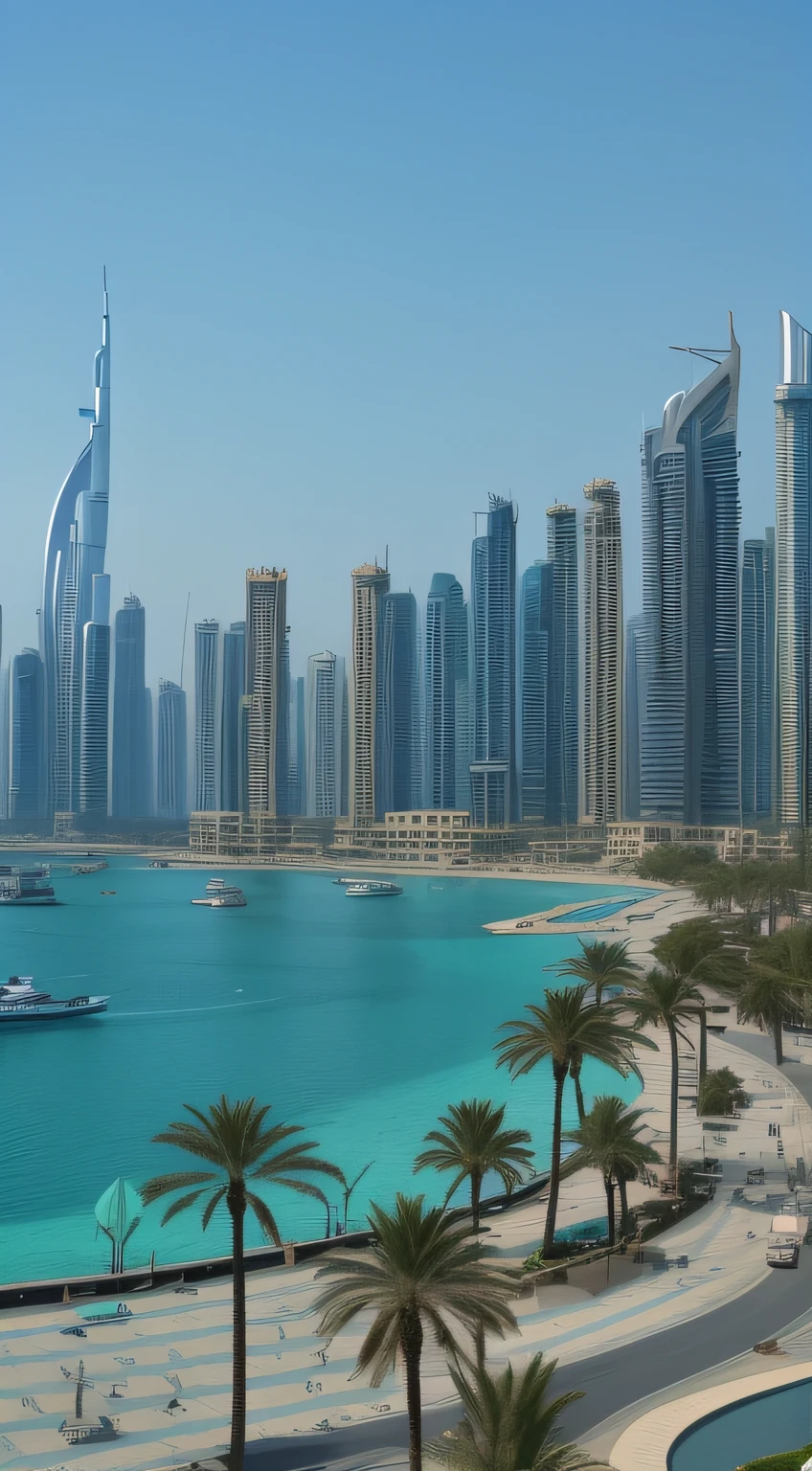 Araff View of the city with a large body of water, Dubai, GTA : Dubai, Skyscrapers in the background, A beautiful city of the future, Beautiful city, Stunning view, CityView, Tall buildings in the background, surrounding the city, with tall glass skyscrapers, Beautiful cityscape, Beautiful view, Middle East, with shiny glass buildings, Beautiful view