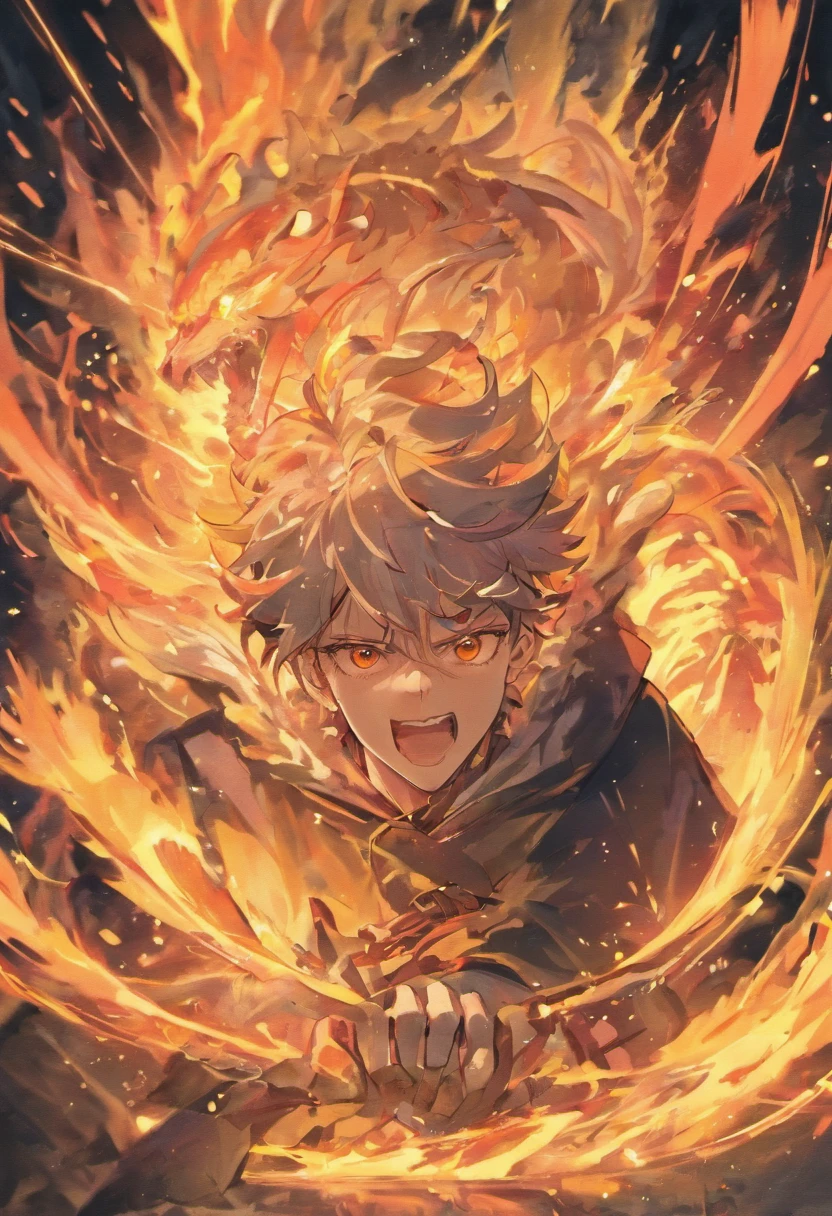 "homem de cabelos cacheados sentado em uma cadeira, escrevendo com uma caneta em um papel em chamas, Surrounded by intense flames and lighting reflecting on your face, olhos branco brilhantes, cores vibrantes, detailed facial features, olhos expressivos, intense emotions, artistic rendering, smoky atmosphere, dramatic composition, Front angles, high-resolution, retrato, Contraste, tons de cores quentes, brasas brilhantes energia intensa"