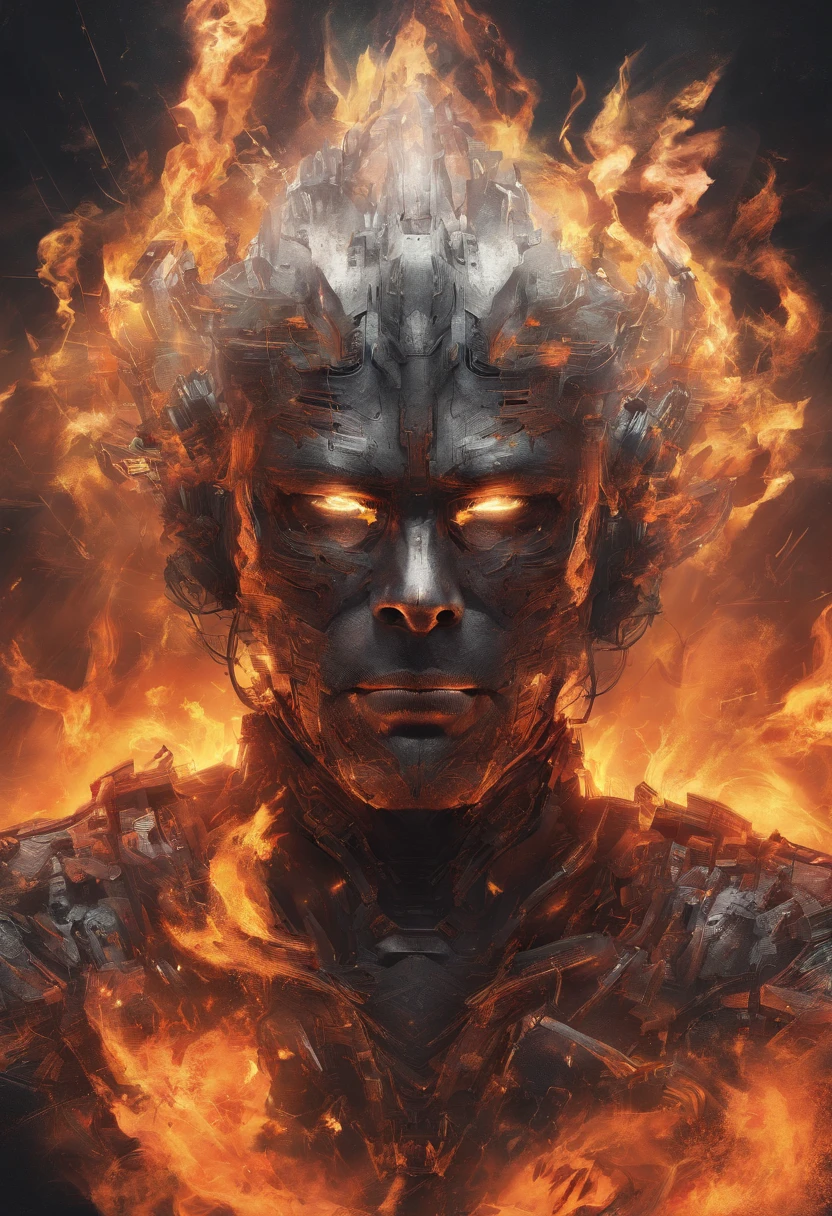"homem de cabelos cacheados sentado em uma cadeira, escrevendo com uma caneta em um papel em chamas, Surrounded by intense flames and lighting reflecting on your face, olhos branco brilhantes, cores vibrantes, detailed facial features, olhos expressivos, intense emotions, artistic rendering, smoky atmosphere, dramatic composition, Front angles, high-resolution, retrato, Contraste, tons de cores quentes, brasas brilhantes energia intensa"