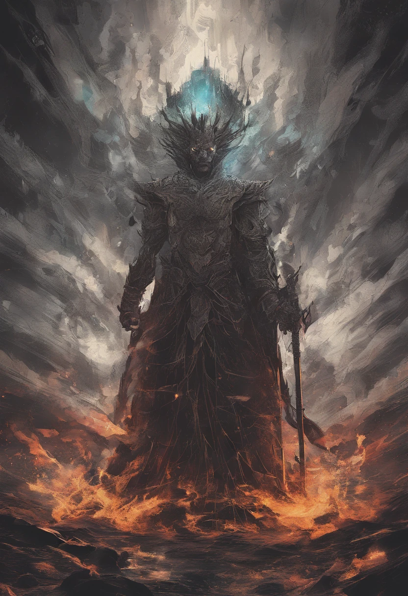 "homem de cabelos cacheados sentado em uma cadeira, escrevendo com uma caneta em um papel em chamas, Surrounded by intense flames and lighting reflecting on your face, olhos branco brilhantes, cores vibrantes, detailed facial features, olhos expressivos, intense emotions, artistic rendering, smoky atmosphere, dramatic composition, Front angles, high-resolution, retrato, Contraste, tons de cores quentes, brasas brilhantes energia intensa"