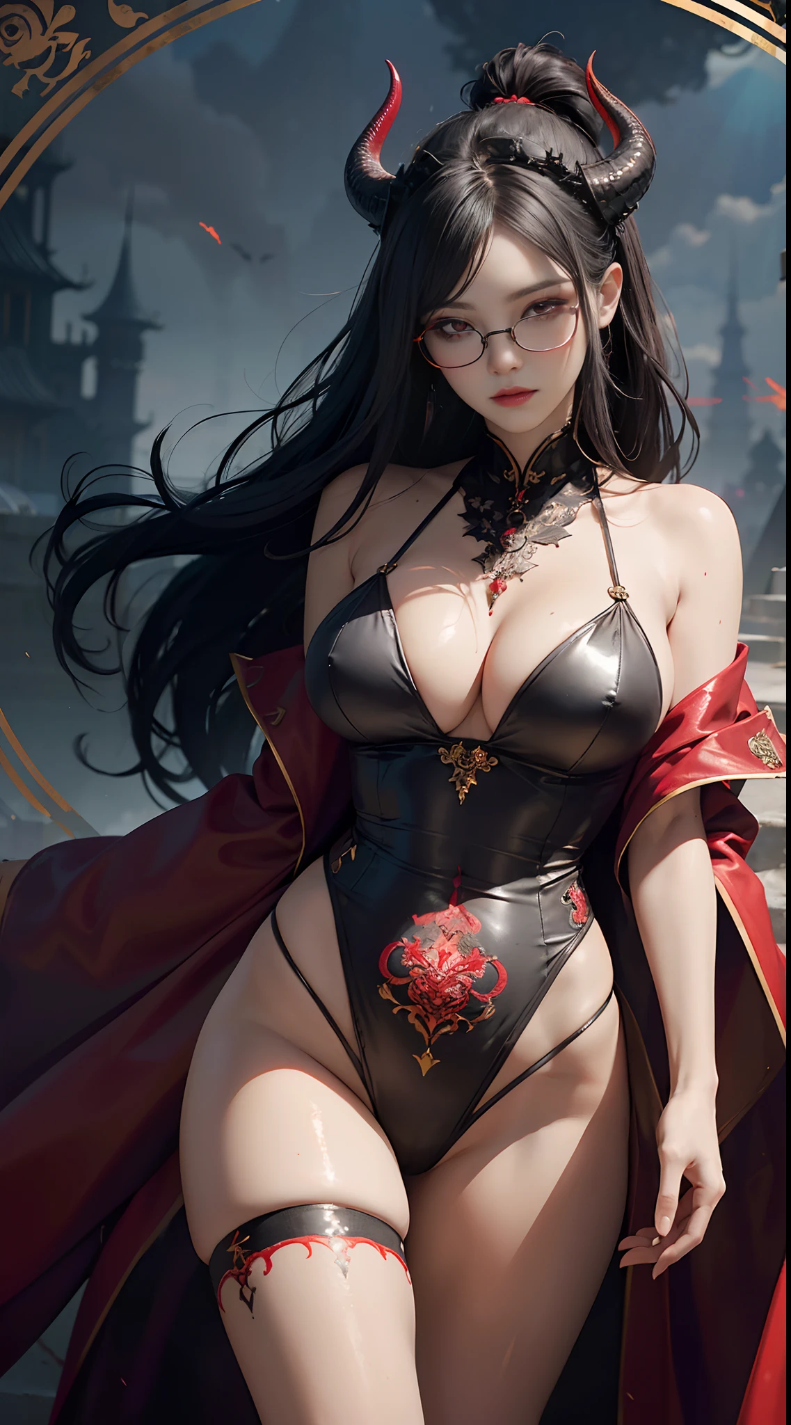 Fine、(The best illustrations)、8k UHD resolution、intricate-detail、top-quality、realisitic、ultra-detailliert、The best lighting、Best Shadows、Soft lighting、Ulutra HD、1 beautiful devil woman from hell, surreal female portraits by David Hockney and Alphonse Mucha, Portrait of a seductive woman by ordinary Chen Shoufeng、Fantasy Art, Chinese Doll、Dungeon and Dragon、demon realm、chies、magia、 A Necromancer、natta、Dark style、Evil Nun、Succubus、Devil's Daughter、Bat Wings,(((Demon Horns)))、((((black-rimmed round glasses))))、(((Colossal tits)))、(Devil's Tail)、(red eyes glowing:1.6)、 intricate tattoos, demonic intricate tattoos, thigh tattoos, body tattoos, masterpiece、beautiful countenance、a baby face、Muscular seductive body、The enchanting body of the devil、Chinese actress、Seductive Black Magic Costume、(((A shiny red snake is wrapped around her body)))、Tindall Effect、photos realistic、(High Detail Skins:1.2)、 (Intricate details, makeup, pureerosface_v1:0.5), (Detailed beautiful delicate face, Detailed beautiful delicate eyes, A perfectly proportioned face, High detailed skin, Detailed skin, best ratio four finger and one thumb, arms below breasts, Tattoo with a red glow under the stomach、Awesome awesome, wide hips, smooth midriff, skiny and thin, __Fashion__, __hair__:1.25)、Digital SLR、hightquality、a picture、hight resolution、 absurderes、Ponytail distortion、Braids、女の子1人、Red sparkling gemstone necklace、jewely、Beautiful expression、Body Up、Large breasts emphasis、Toned waist、Wide buttocks、Devil's Tail、intricate tattoos, demonic intricate tattoos, thigh tattoos, body tattoos, effect、Photorealsitic、(High Detail Skins:1.2)、In the Dark, lowkey, cowboy lens, (Black Phoenix Dress: 1.0), Seductive Black Magic Costume、Long hair, Black hair, Bust, Devil's Palace, devil crown, red eyes make up very sharp and detailed, The most beautiful face, Super tight breasts, Breast augmentation surgery, The breasts are very big and round and round, Black magic costume、Super realistic , Charming smile,a baby face、 The eyes are