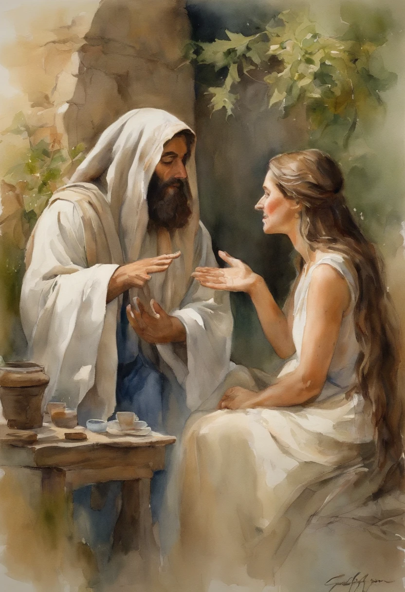 "Generate a highly realistic image of Jesus engaged in conversation with a woman, with a lifelike portrayal of His expression and gestures, including His hand raised upward in a meaningful gesture."