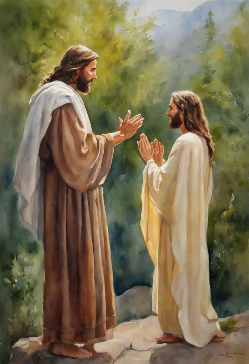 "Generate a highly realistic image of Jesus engaged in conversation with a woman, with a lifelike portrayal of His expression and gestures, including His hand raised upward in a meaningful gesture."
