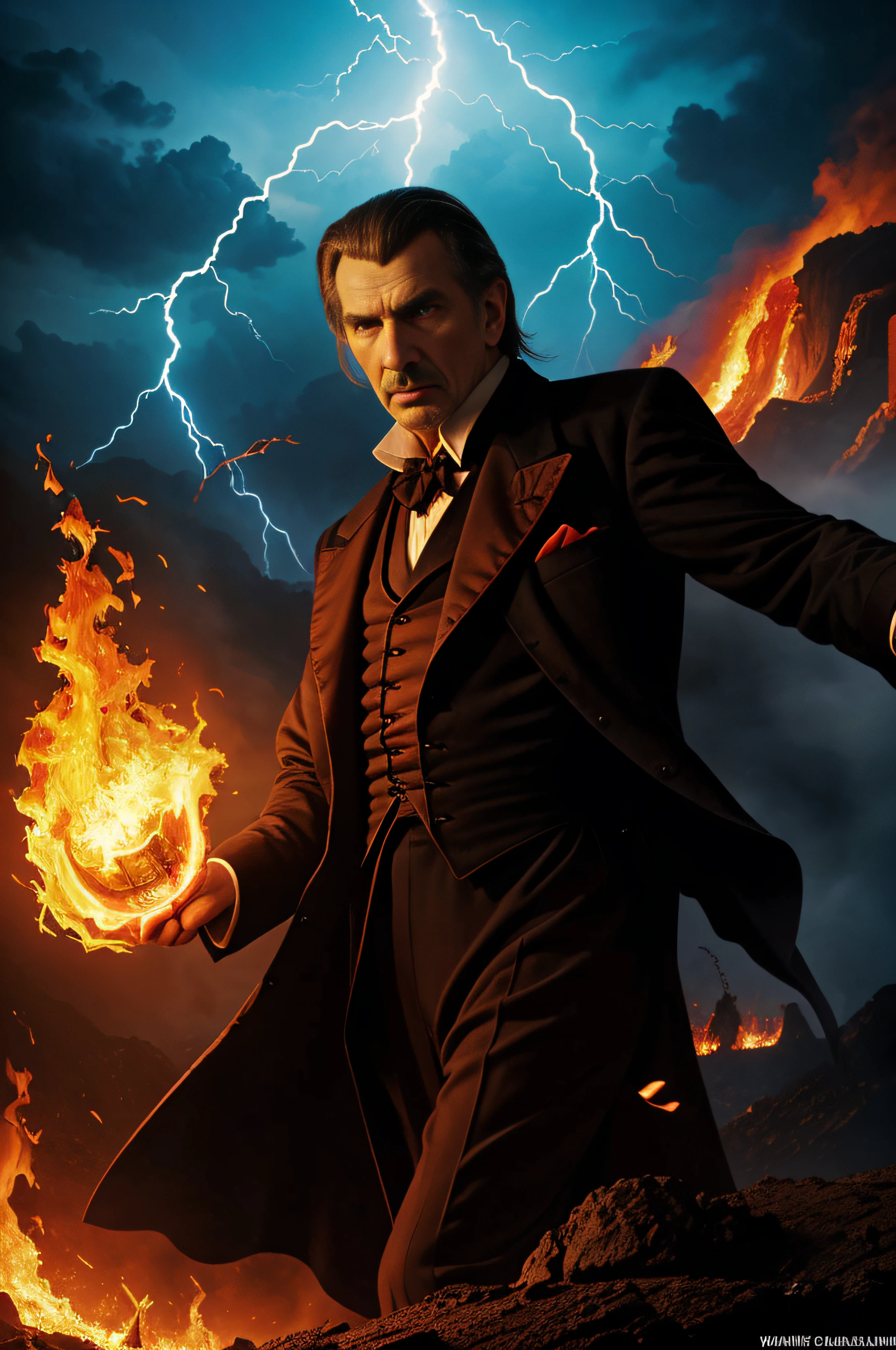 Bela Lugosi/Christopher Lee/Vincent Price/Jack Palance/Lon Chaney jr/Peter Cushing/John Carradine/George Hamilton/Frank Langella/Claes Bang/Gary Oldman/Gerard Butler/Richard Roxburgh hybrid as Count Dracula, fire, lightning, volcanic lava, explosions, multicolored neon lights, dust, smoke, fog, clouds, 32k UHD, hyper realistic, photorealistic, highly detailed, sharp, extremely colorful, vibrant, frightening, terrifying, beautiful, professional quality digital photograph in the art style of Frank Frazetta