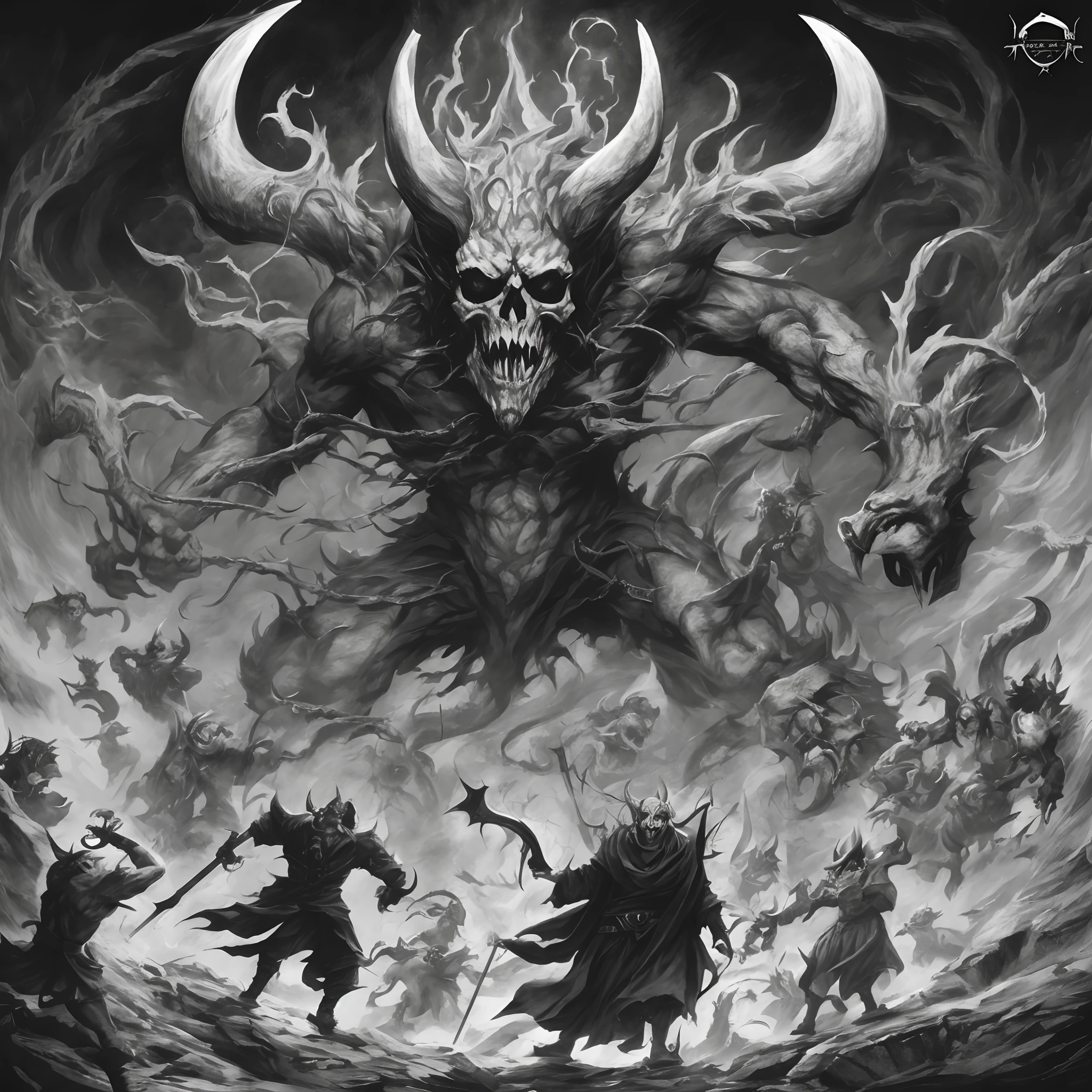 A black and white drawing of a demon surrounded by other demons, Demon Lord, an ominous fantasy illustration, arte detalhada da capa, arte conceitual demon soul, fiend folio, full art illustration, Lich Vecna (d&d), arte de fantasia sombria, arte escura altamente detalhada, arte conceitual diablo, Lich Demon Mage Classe, A batalha final no inferno, demons of hell