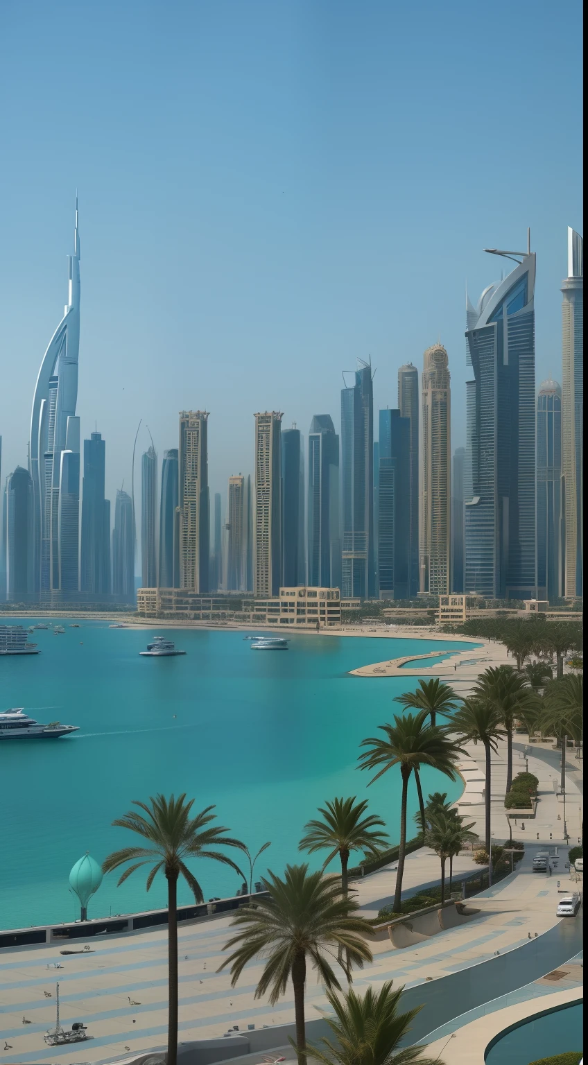 Araff View of the city with a large body of water, Dubai, GTA : Dubai, Skyscrapers in the background, A beautiful city of the future, Beautiful city, Stunning view, CityView, Tall buildings in the background, surrounding the city, with tall glass skyscrapers, Beautiful cityscape, Beautiful view, Middle East, with shiny glass buildings, Beautiful view