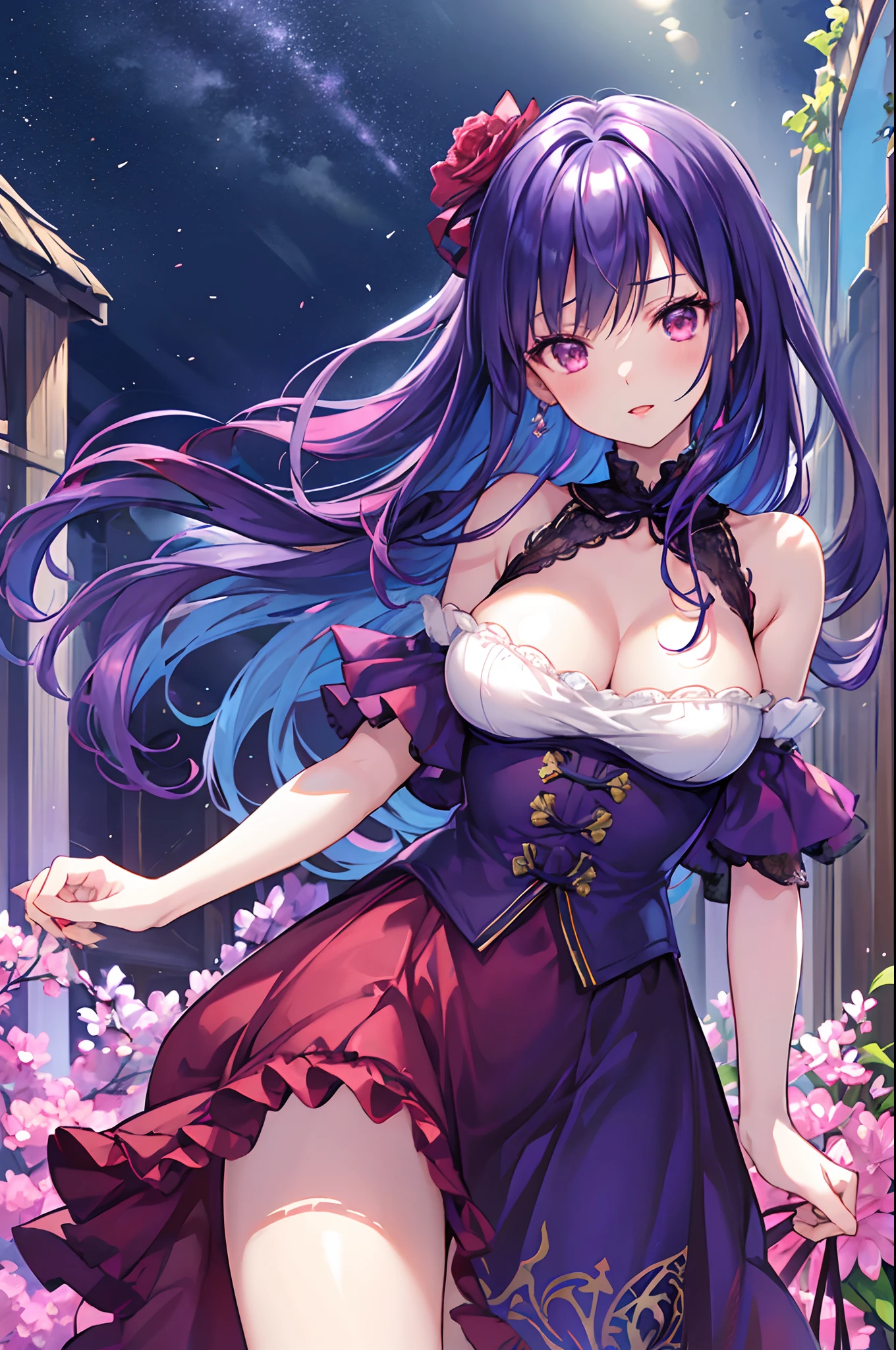 (absurderes, hight resolution, ultra-detailliert), masutepiece, Hinata(bolts), ((Solo)), 1girl in,Large breasts, Long purple Victorian style dress, Open mouth, (((trance))),Standing, Bodice and skirt pattern, frills skirt, Lace, Blink Flashing Effect[blinking, (((Detailed lips))), garden, Pink and yellow flowers, (A sexy), Glowing skin, ((glossy red lips)), Purple eyes, Portrait, Beautiful, Smile, (((Dark blue hair))), Bust crop,