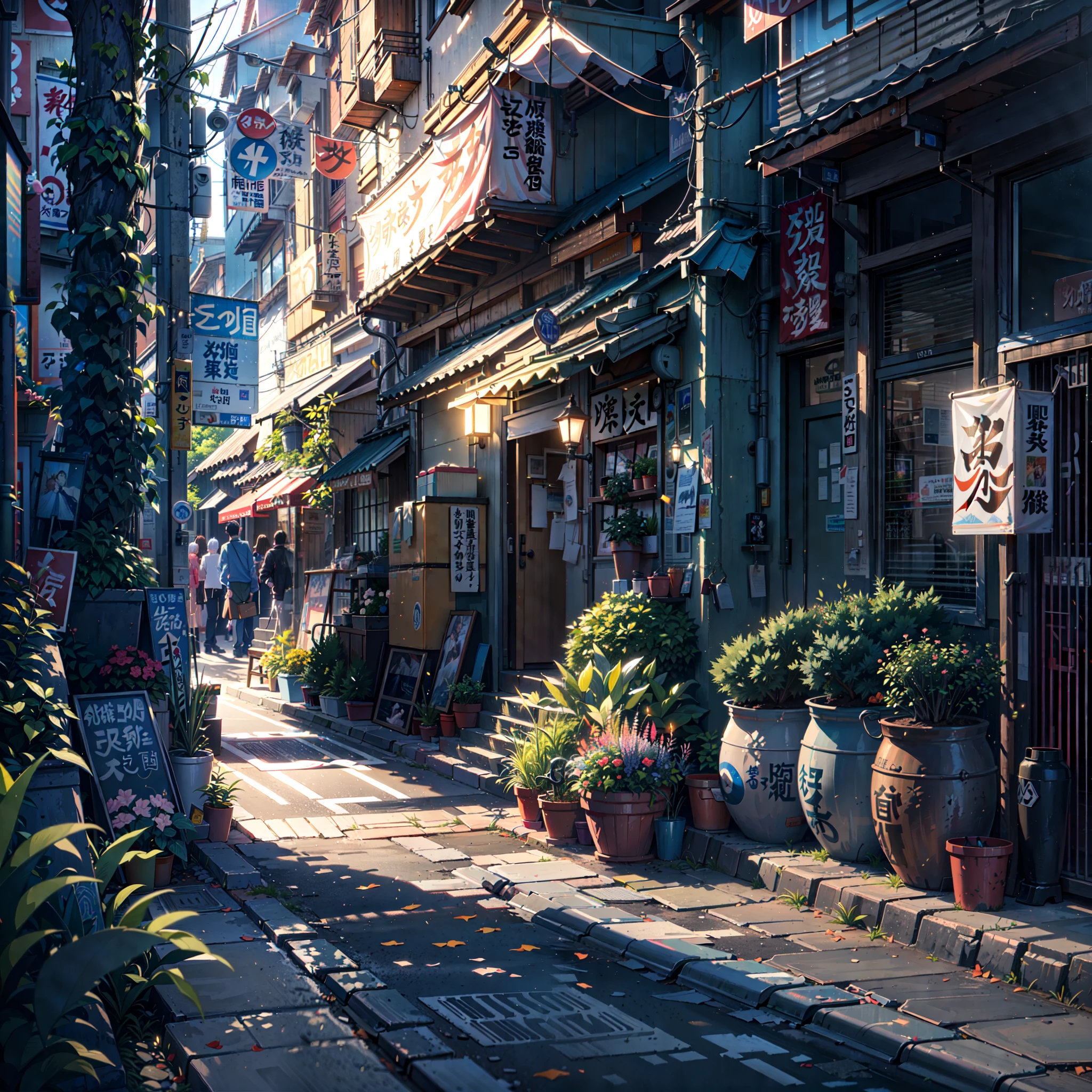 high detail, anime, anime style, sparkle, cinematic lighting, glowing light, reflection light, close-up, lens flare, masterpiece, high details, best quality, super detail, high quality, anime background, anime wallpaper, sunny weather, bright blue sky, dramatic lighting, narrow japanese urban alleyway, japanese shop signs, japanese signs, japanese banners, banners, plant pots, plants, trees, grass, cobble path, trash cans, nigh time, dark, street lights,, (realistic,photorealistic:1.37), narrow anime street, urban, compact,