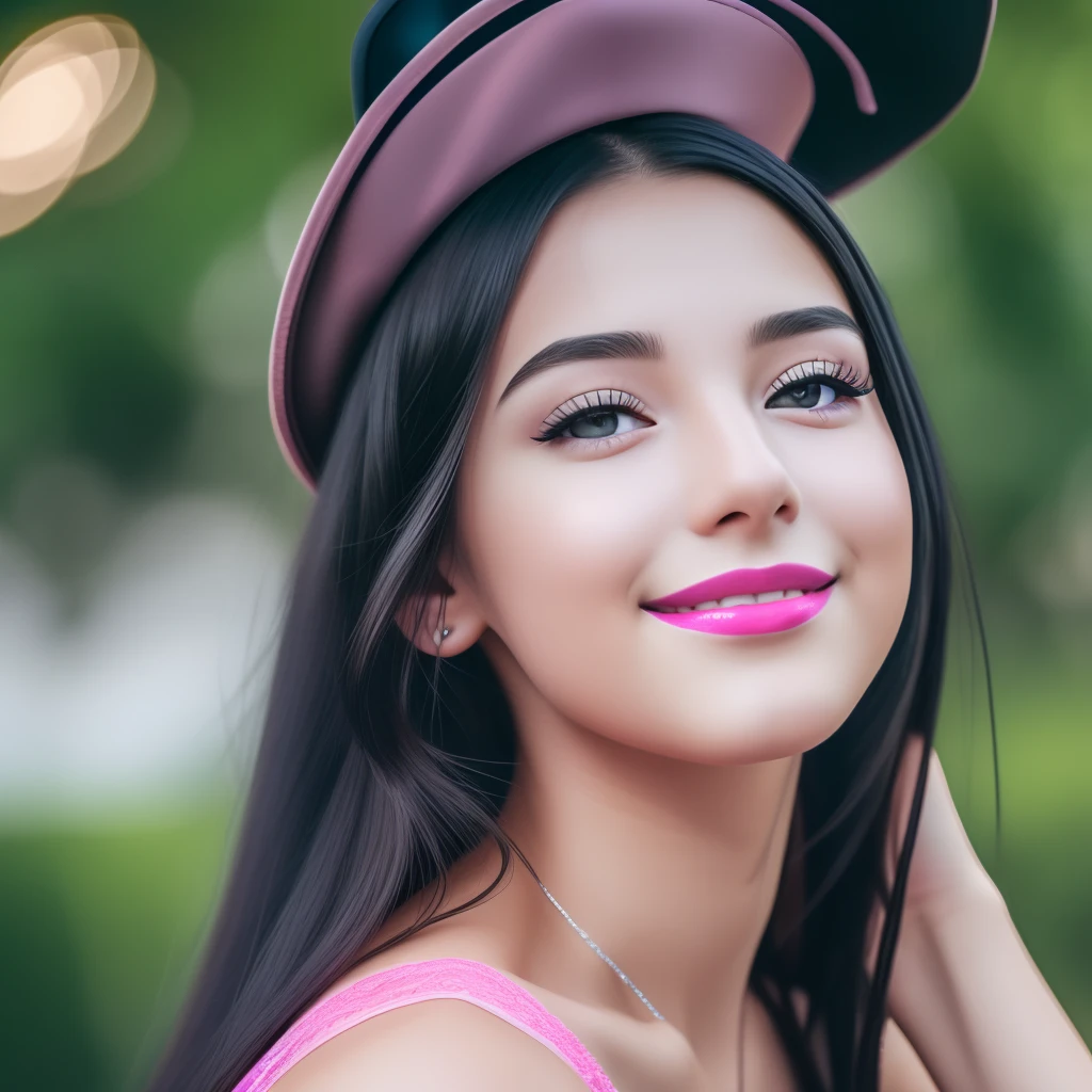 best quality, photorealistic, Raw photo, 1girl, girl, wearing nothing, wearing makeup and shiny pink lipstick, , wearing a hat, black hair, long hair, visible thighs, 4k, facing_viewer, smile, clear skin, in the sky, Bokeh focus,1girl, (hetero:1.3) --auto --s2