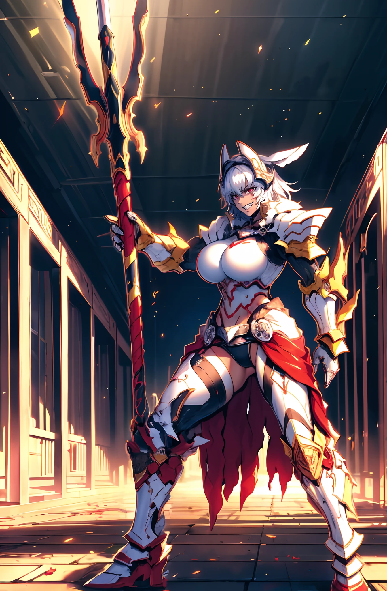 4k, highly detailed, anime style, HDR, subsurface scattering, in a temple, temple being destroyed, Greek temple on fire background, (masterpiece, best quality:1.2), caenis,( fgo stage 3), 1girl, big breasts, looking at fires, smile, short hair, white hair, bangs, red eyes, animal ears, open clothes, hairband, grin, (gold armor), body markings, white nails, epic scene, tall girl,full body, darskinned-female, , standing, musclegirl, forest, staff holding, posing, sharpteeth, crazy smile